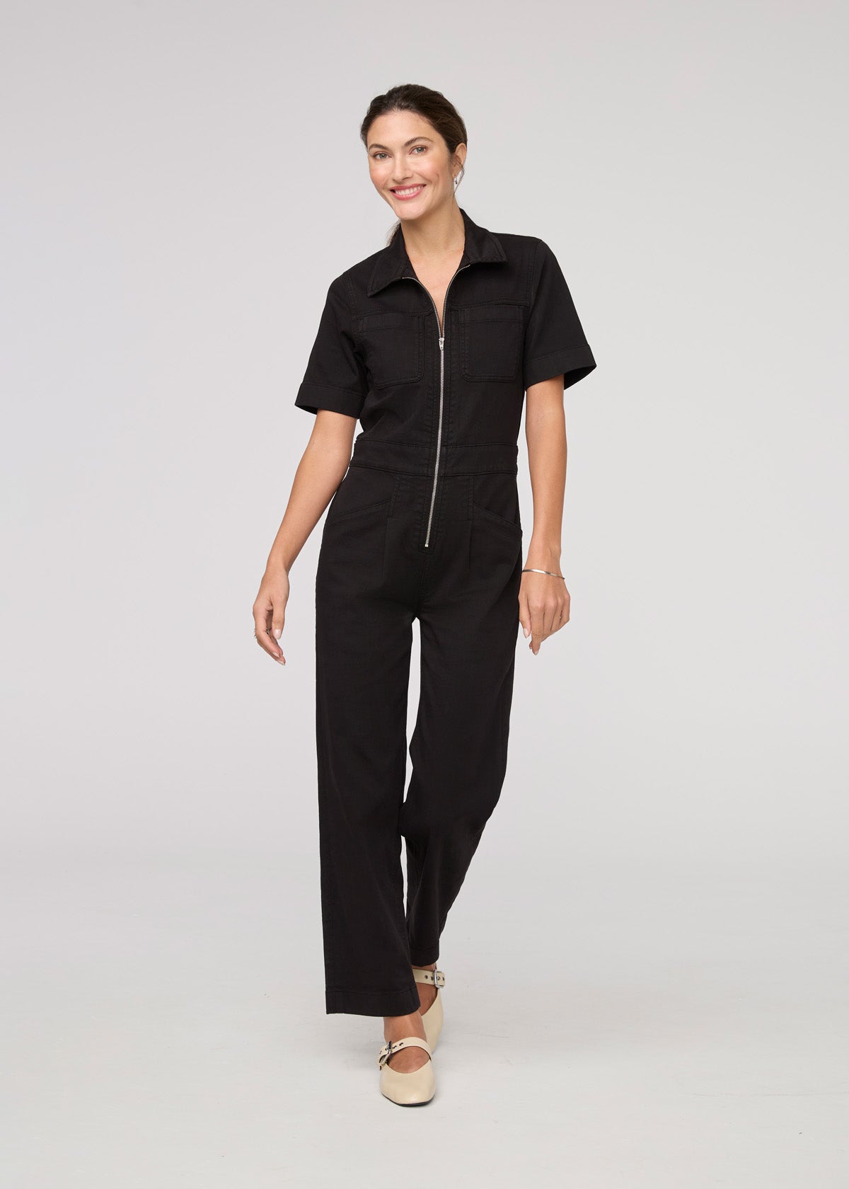 womens black stretch twill boiler suit front