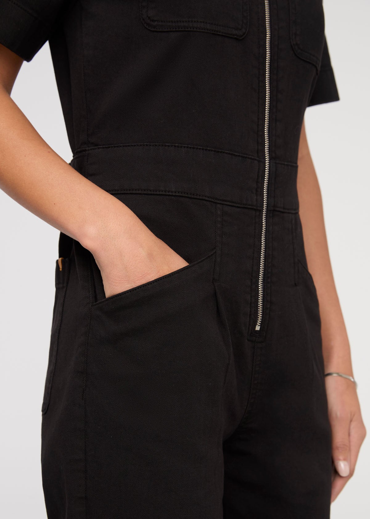 womens black stretch twill boiler suit front pocket