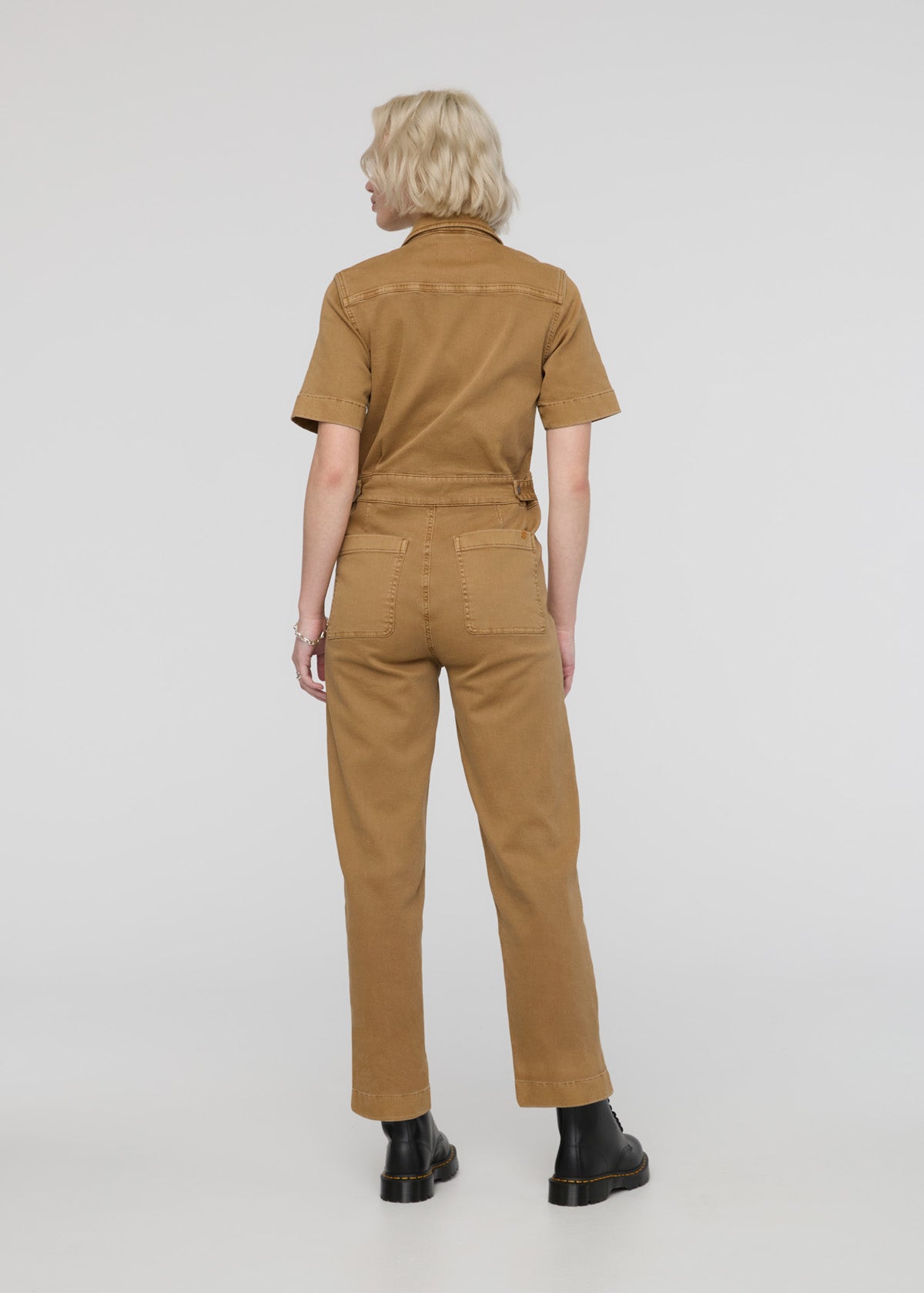 womens camel stretch twill boiler suit back