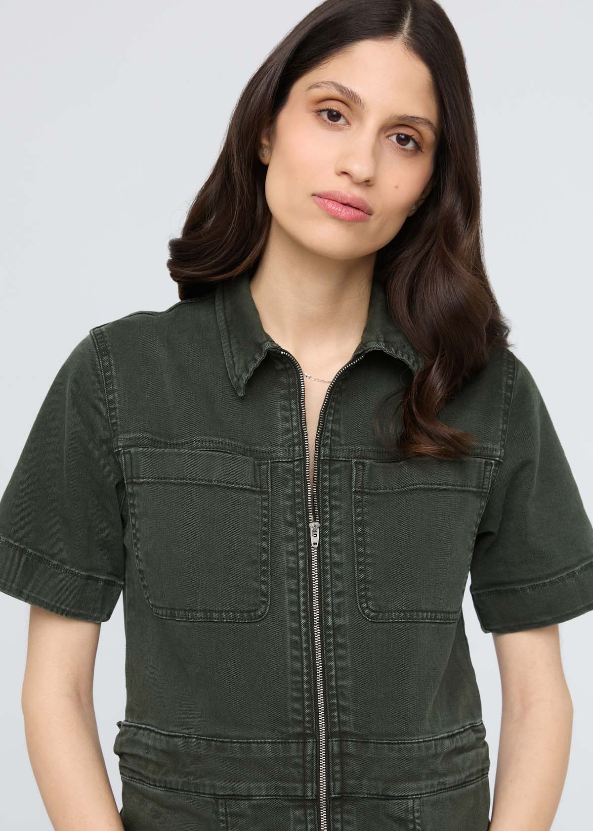 womens peat stretch twill boiler suit front neckline