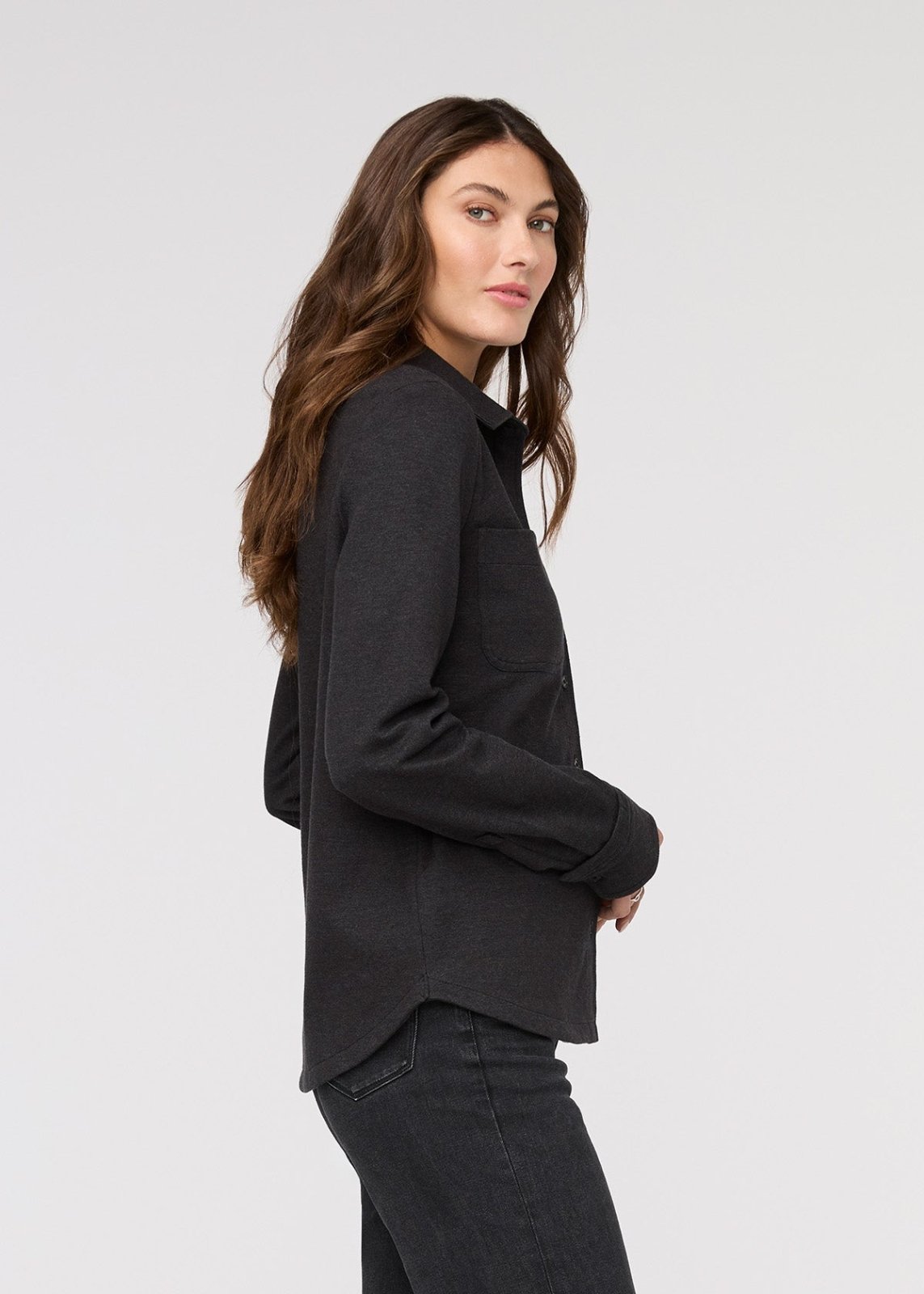 Women's Heather Black Flannel Button Down Side