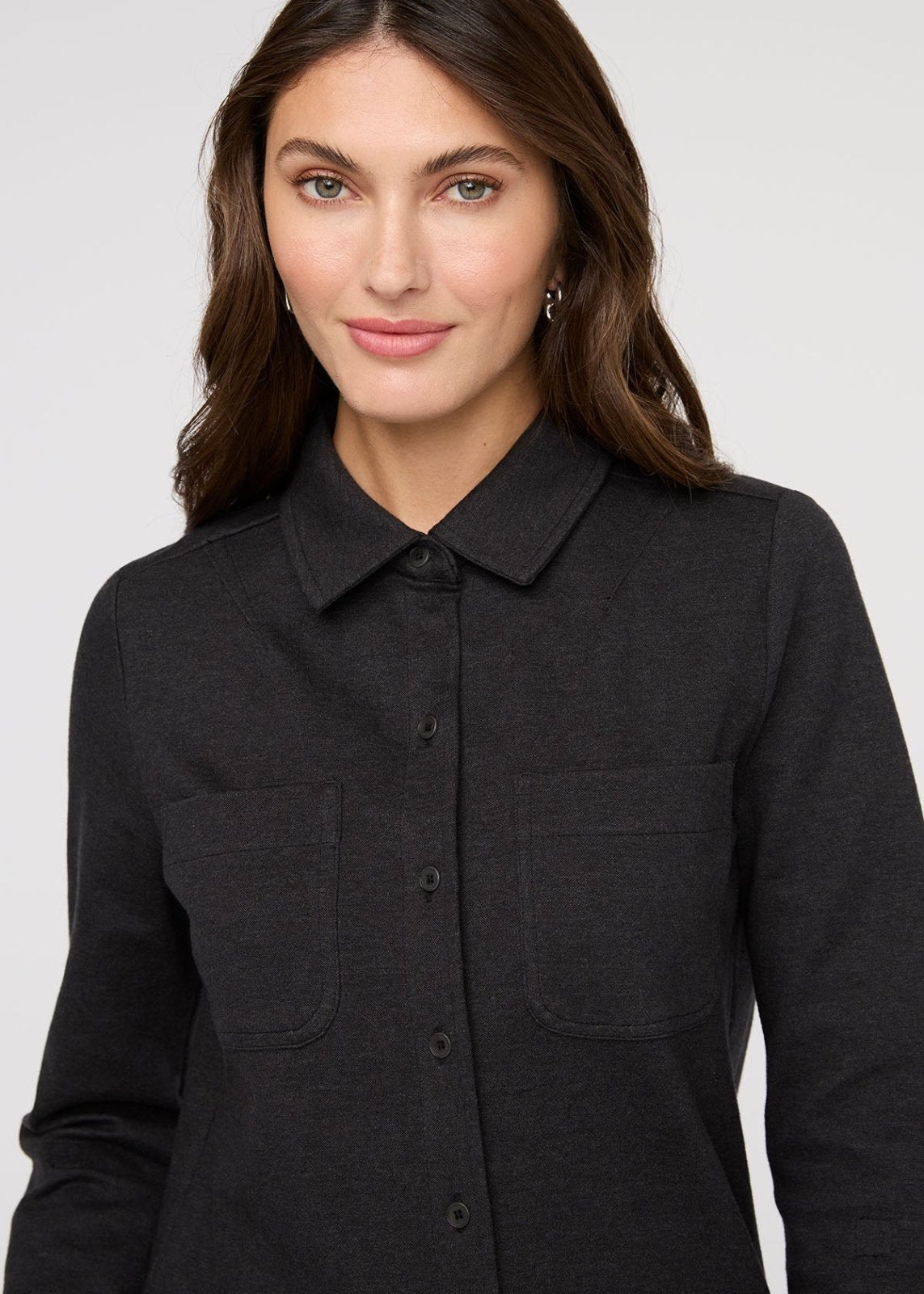 Women's Heather Black Flannel Button Down Front Detail