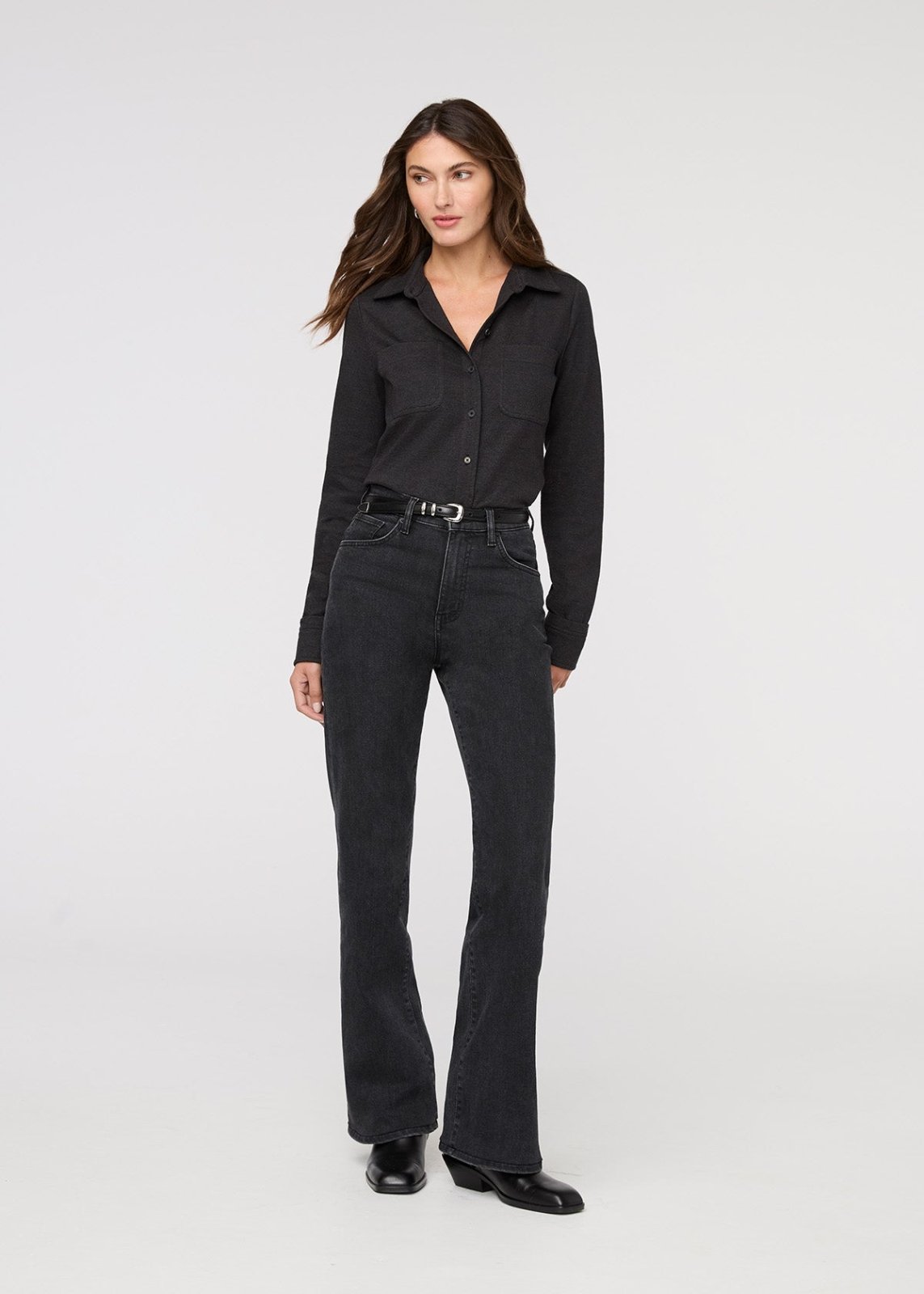 Women's Heather Black Flannel Button Down Full Body