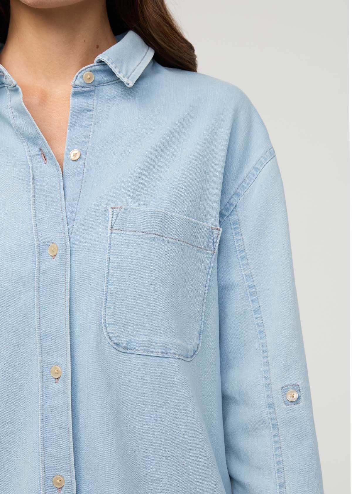 Women's Bleach Lightweight Denim Relaxed Button Down front chest pocket