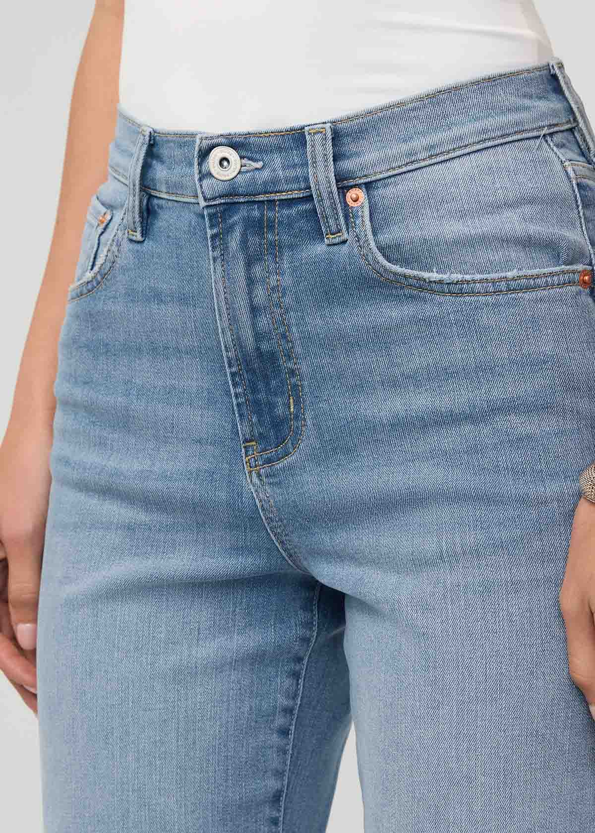 women's current high rise straight jeans front waistband detail