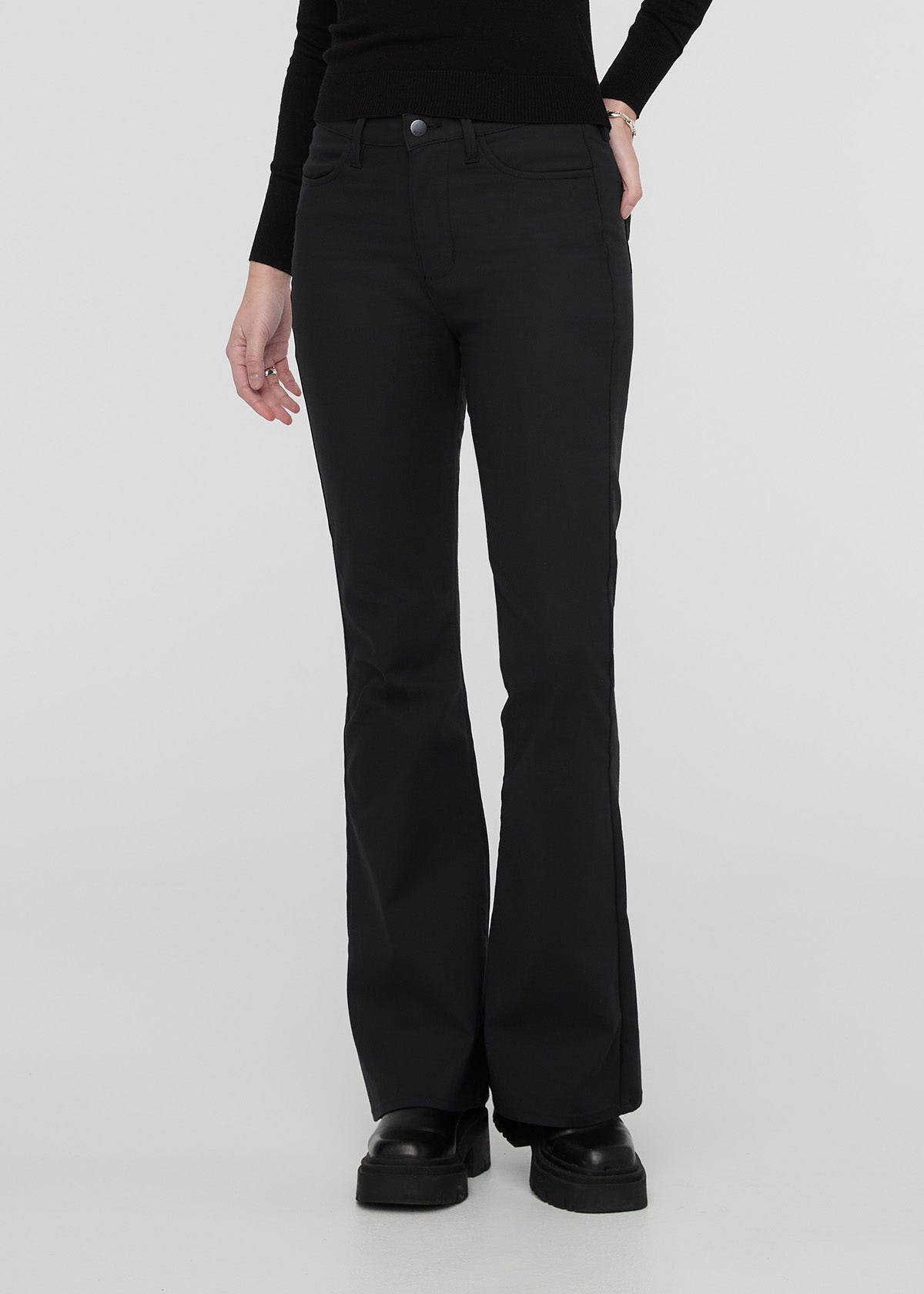 womens black high rise stretch flare pant front