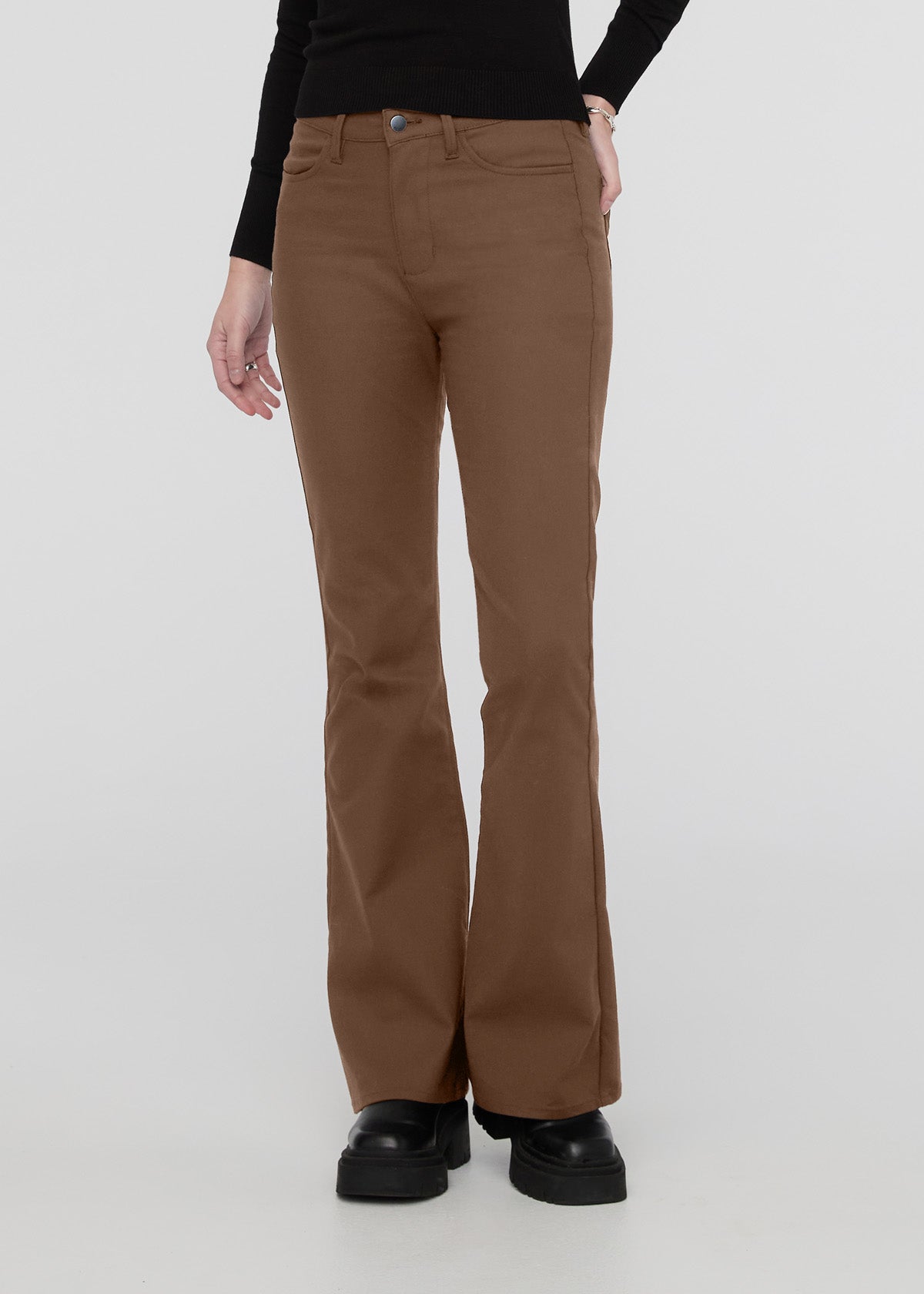 womens khaki high rise stretch flare pant front