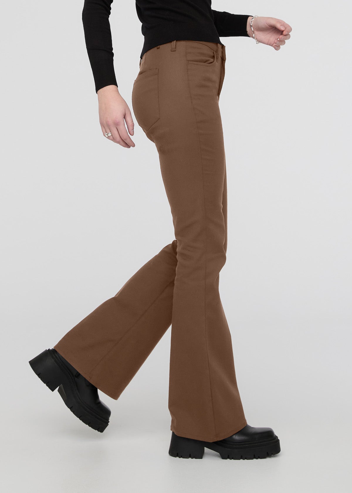 womens khaki high rise stretch flare pant side