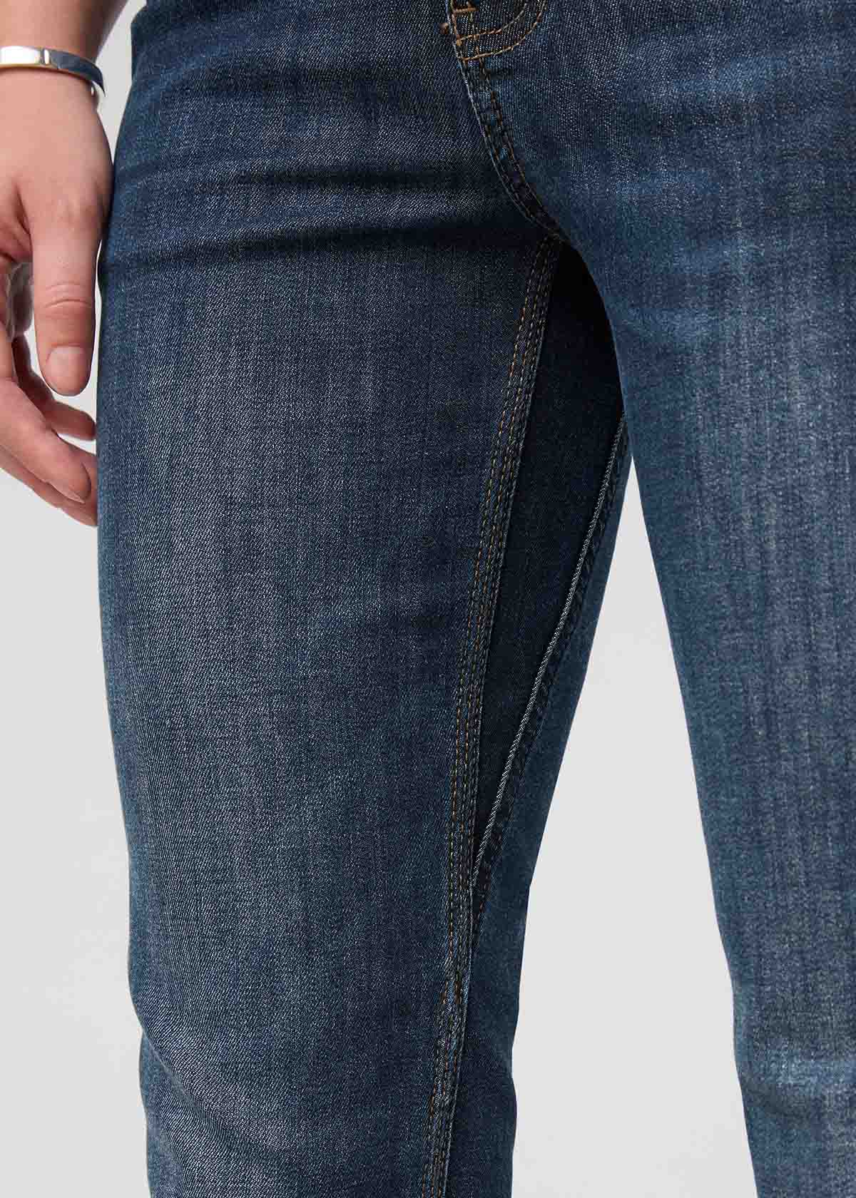 womens blue mid rise relaxed stretch jeans gusset detail