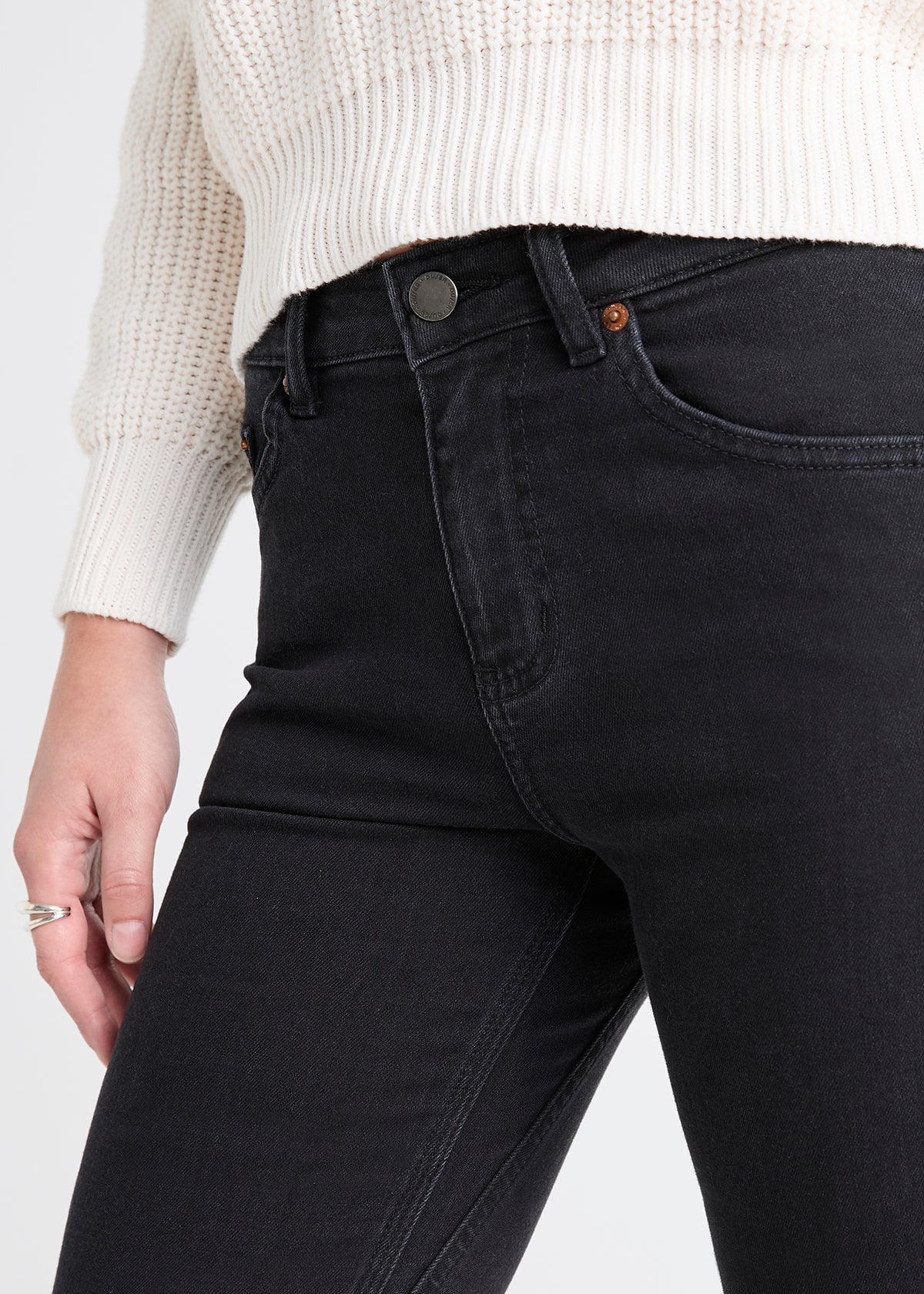 Women's Vintage Black Slim Straight Stretch Jeans Front Waistband Detail