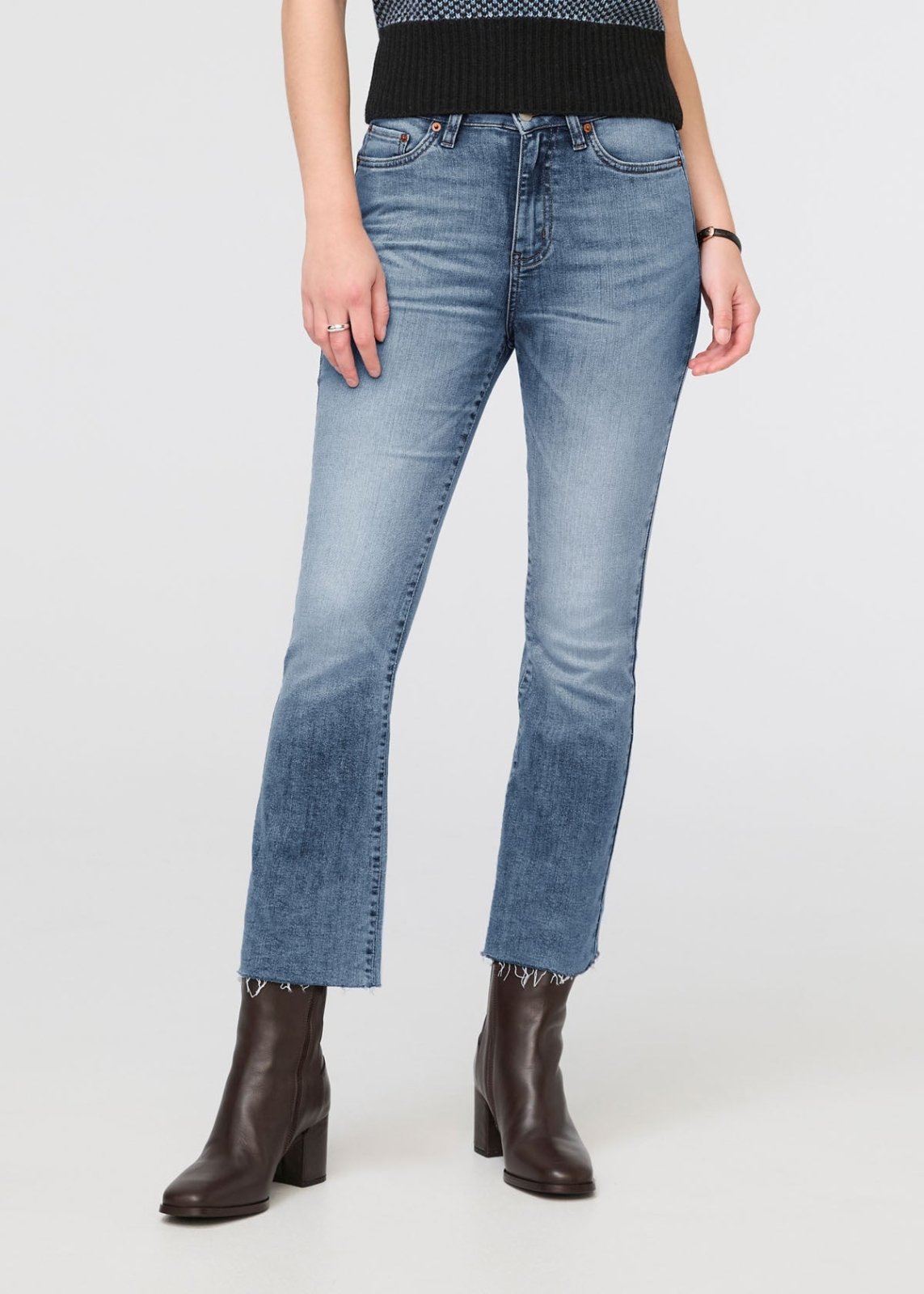 womens blue high rise kick flare jean front
