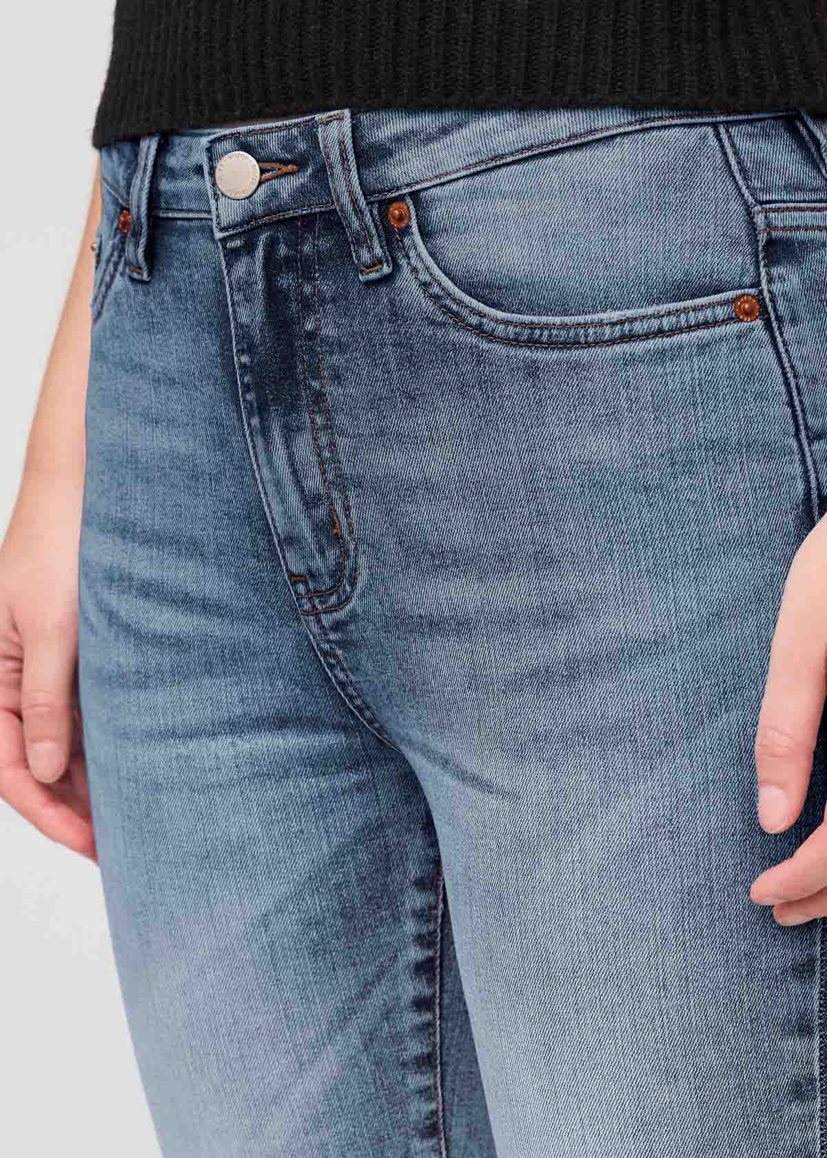 womens blue high rise kick flare jean front waistband detail