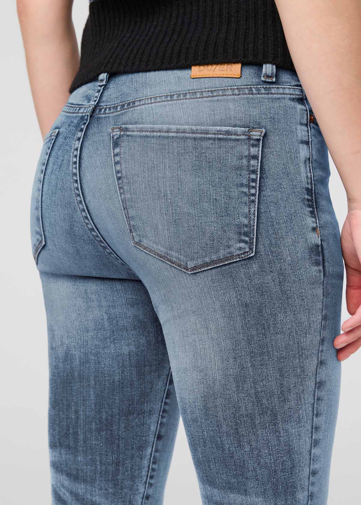 womens blue high rise kick flare jean back pocket detail