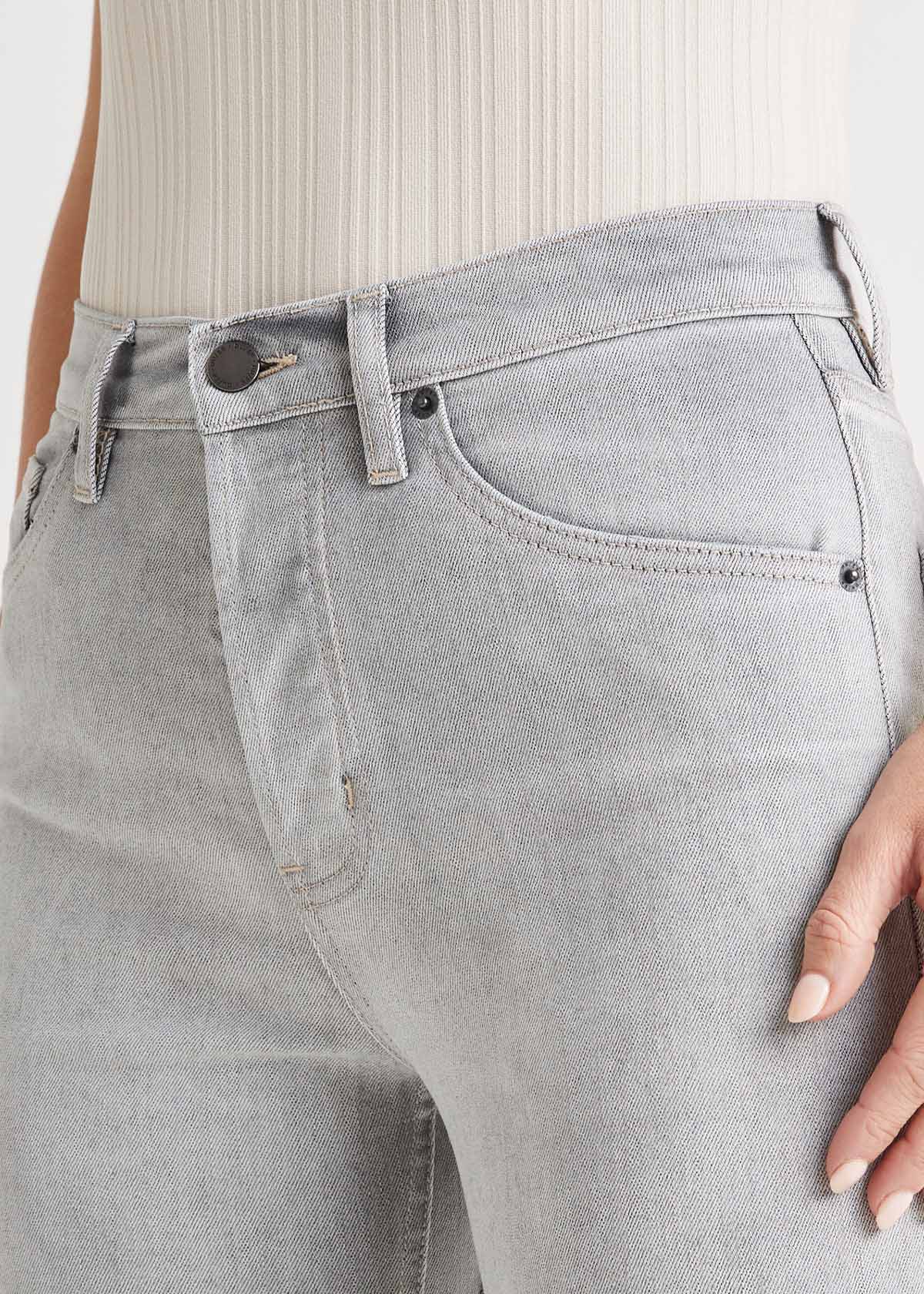 womens white high rise straight jeans front waistband detail