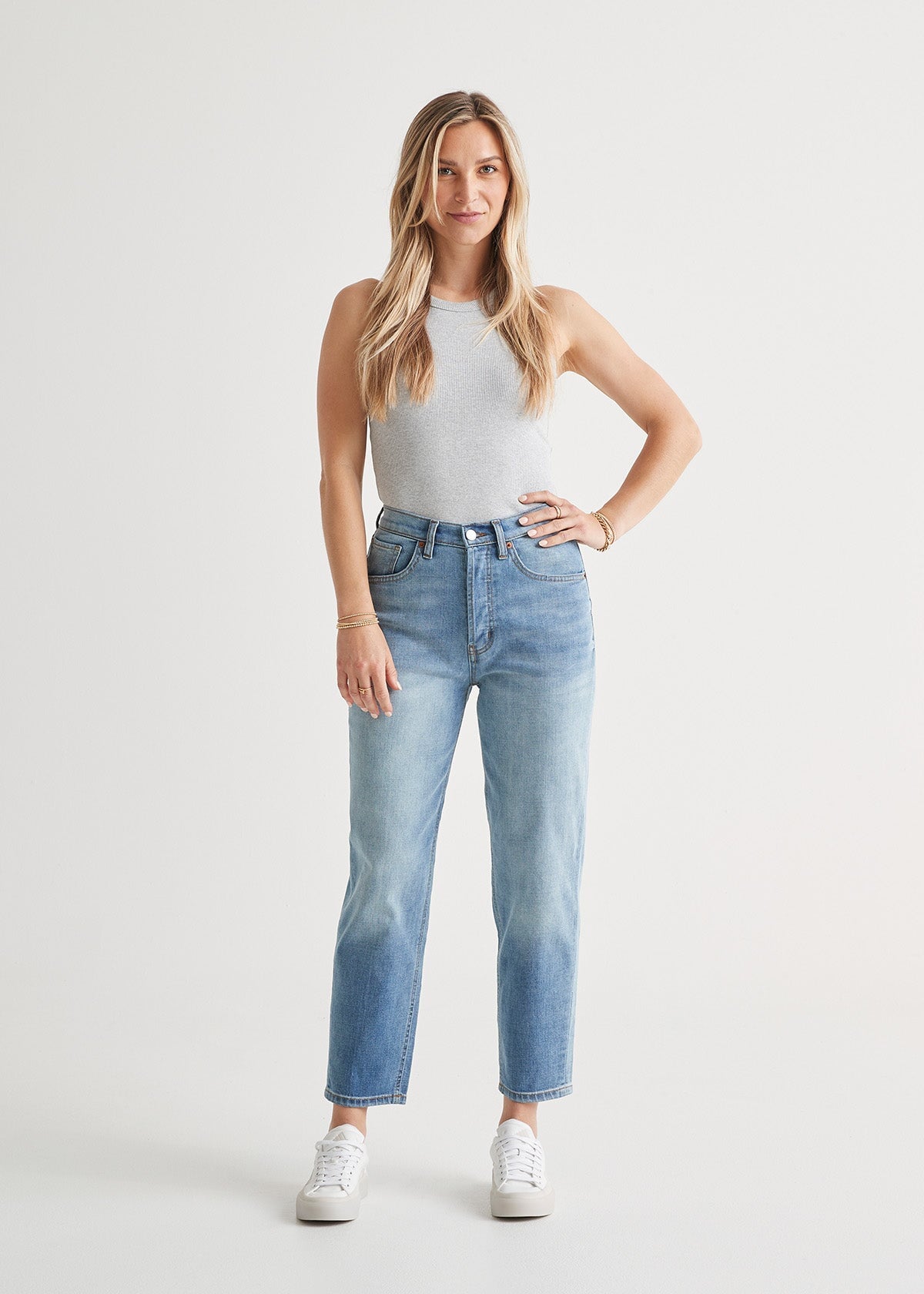 Womens's High Waisted Jeans With Gold Button Detail Mid Wash Denim