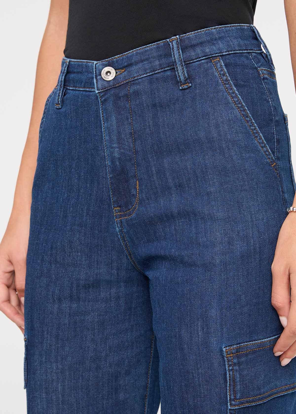 Women's Stargazer Indigo Denim Lite High Rise Cargo Front Detail
