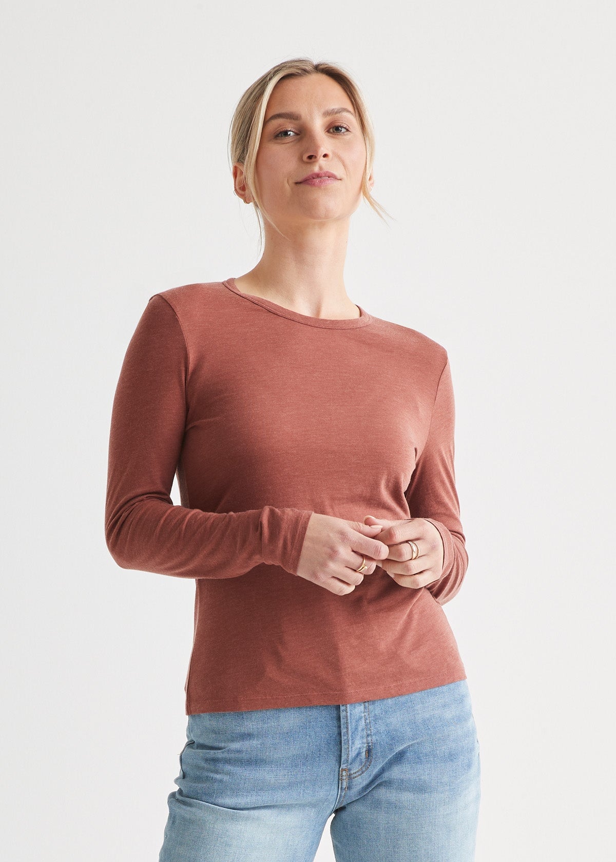 womens rust red slim long sleeve front