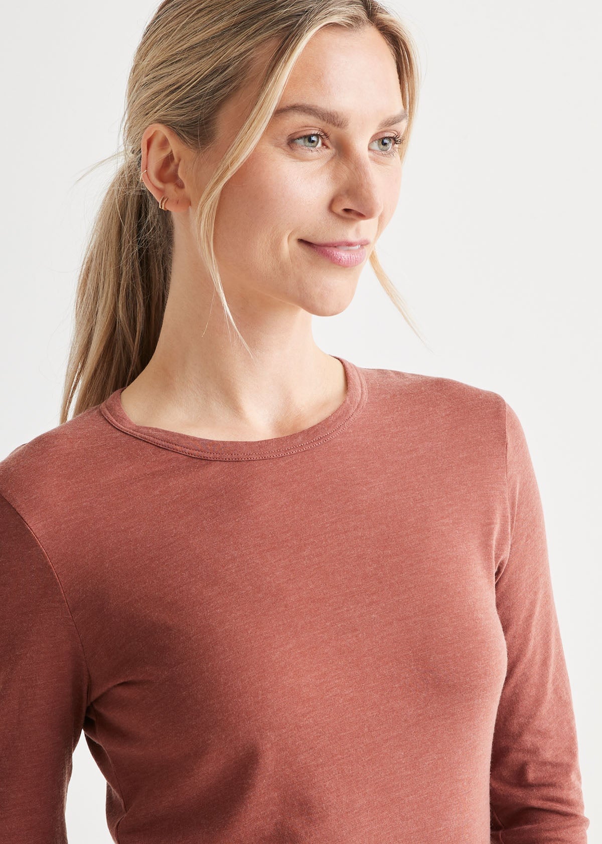 womens rust red slim long sleeve front neckline detail