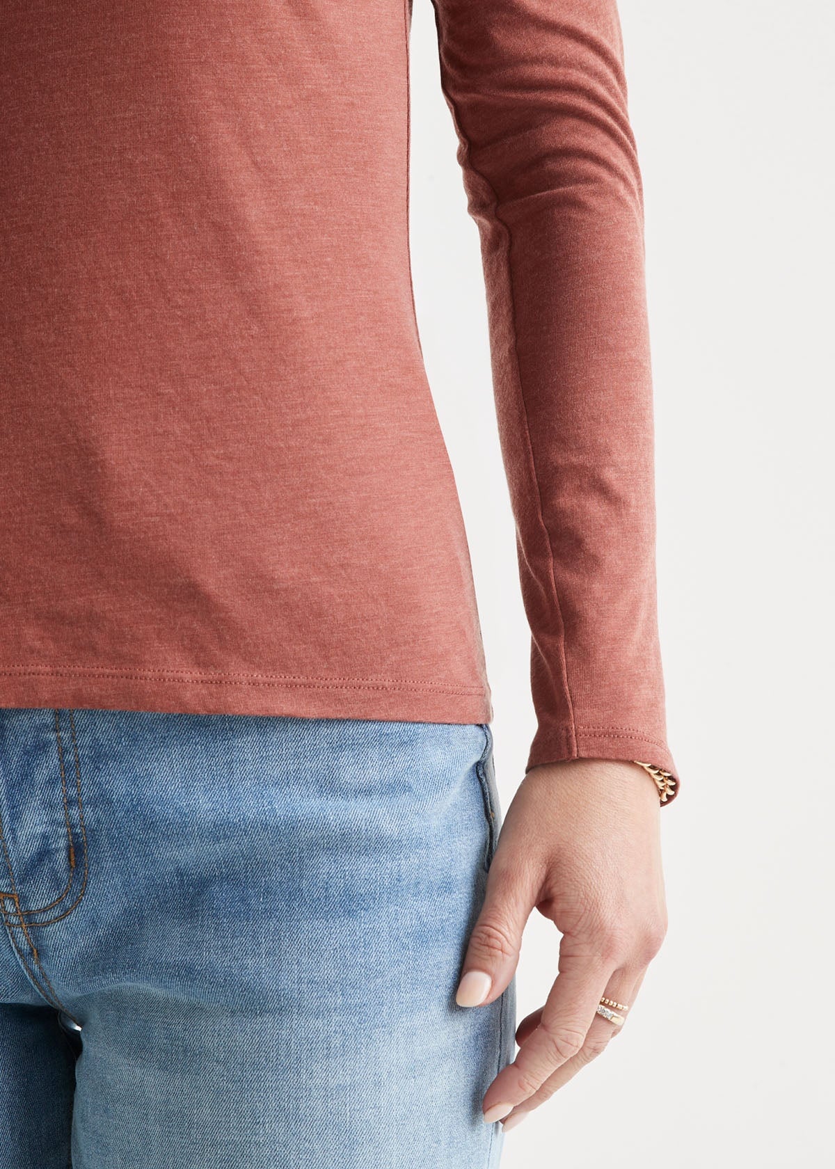 womens rust red slim long sleeve sleeve length detail