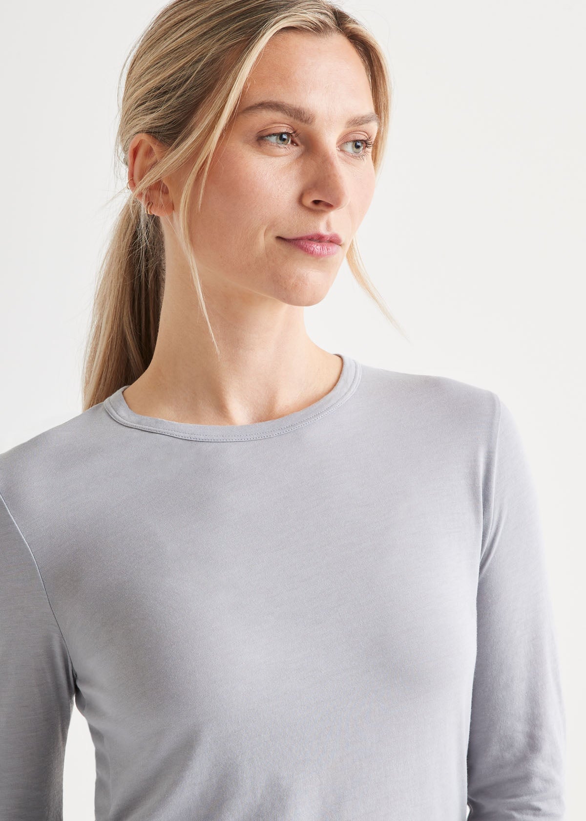 womens light grey slim long sleeve front neckline detail