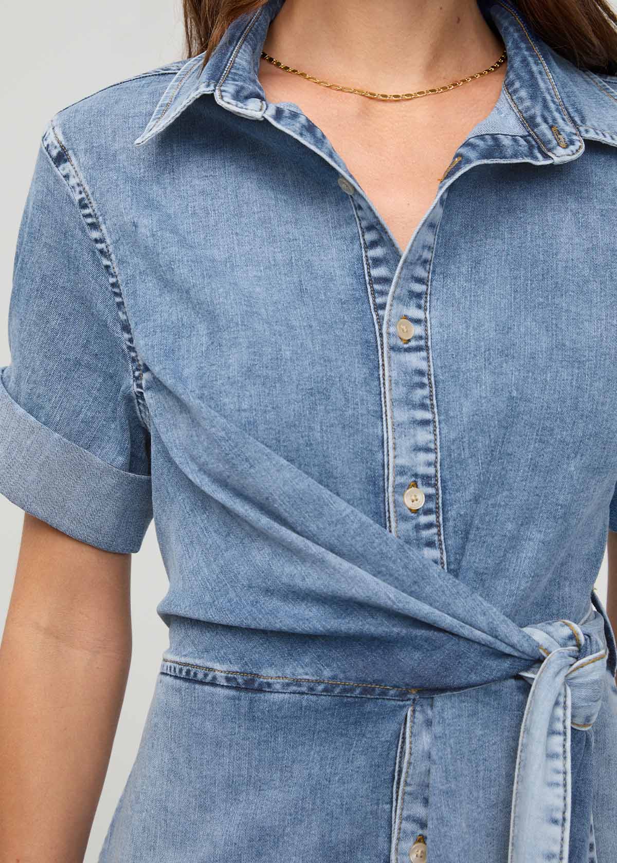 Women's Relaxed Denim Shirt Dress front detail