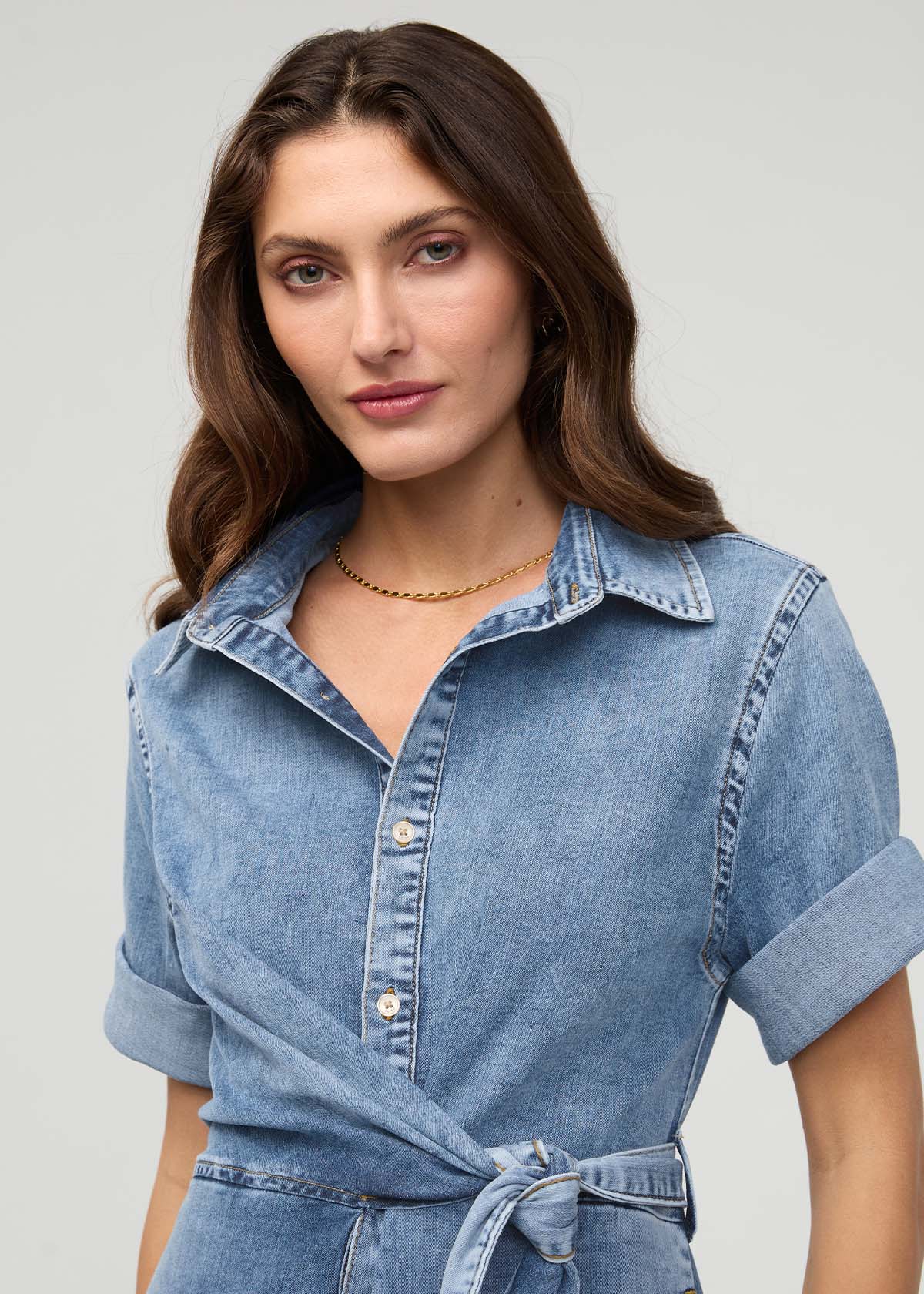 Performance Denim Lite Wrap Shirt Dress - Light Stone