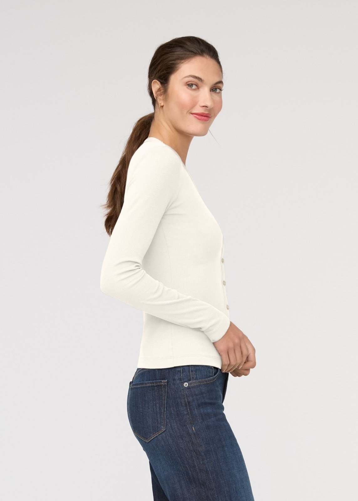 womens ecru fitted pima cotton long sleeve button down side