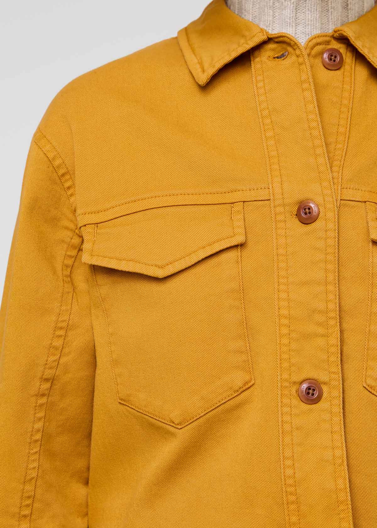 womens yellow cotton trucker jacket front button detail