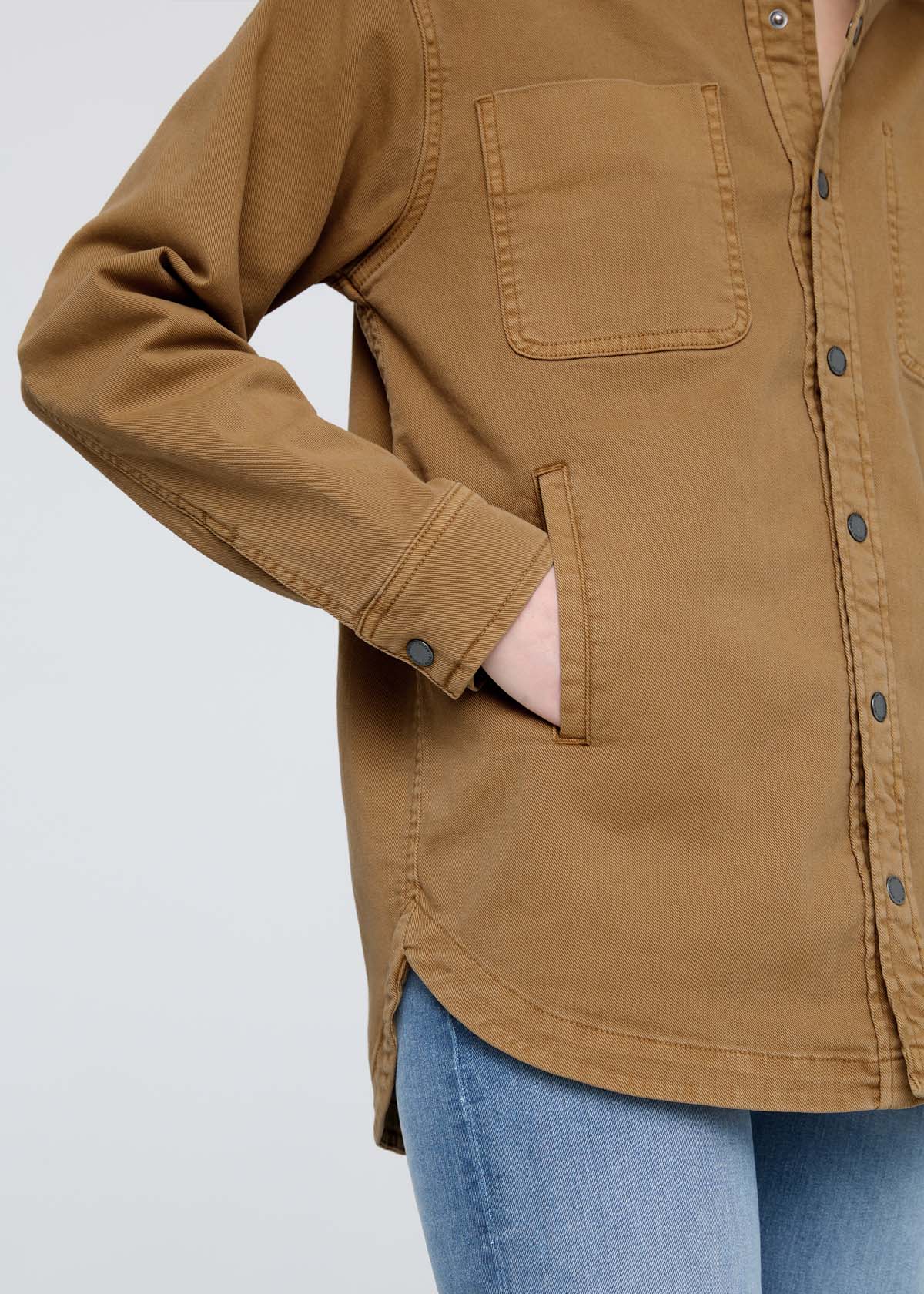 women's camel twill overshirt front pocket