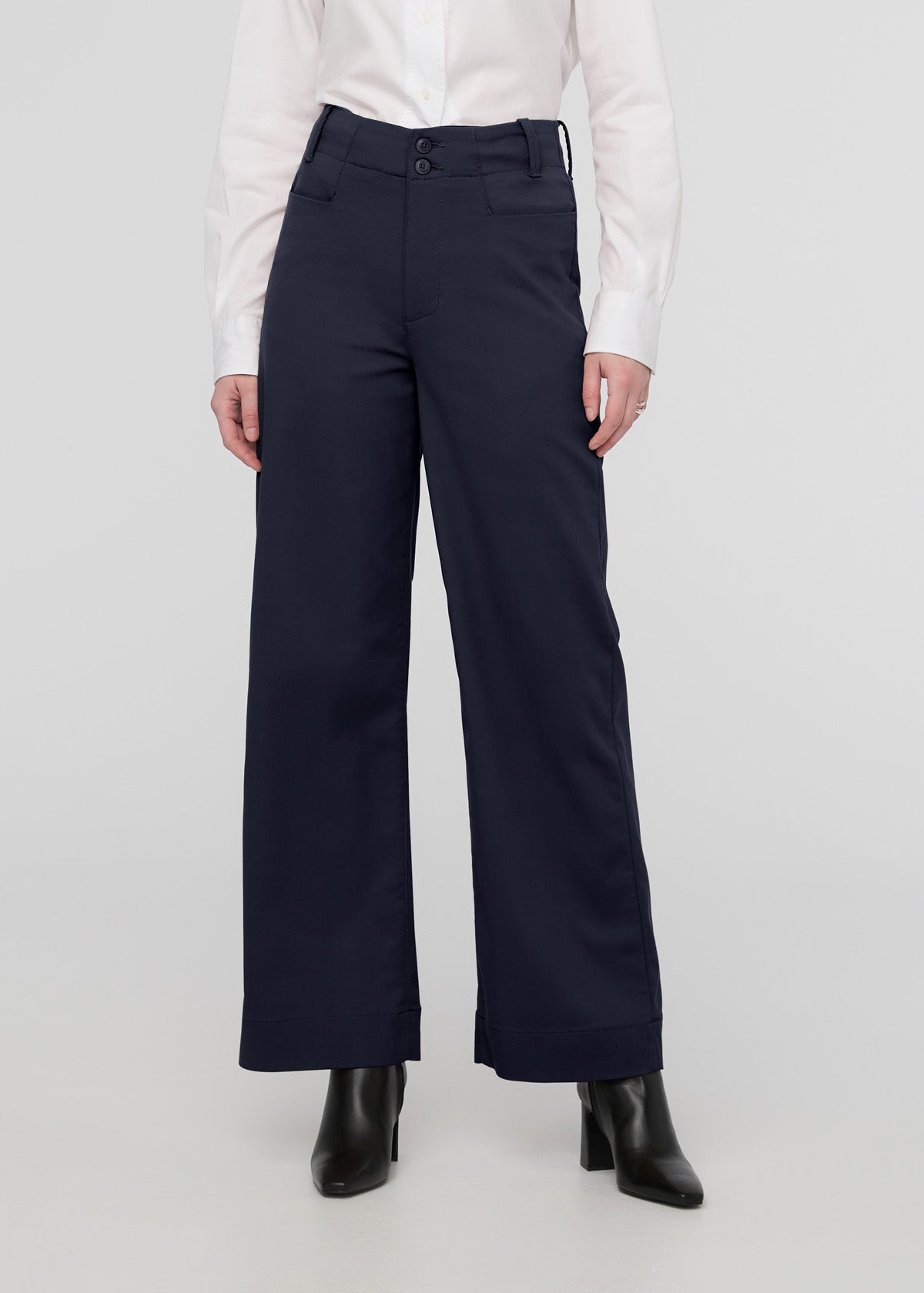 womens navy high rise wide leg trouser front