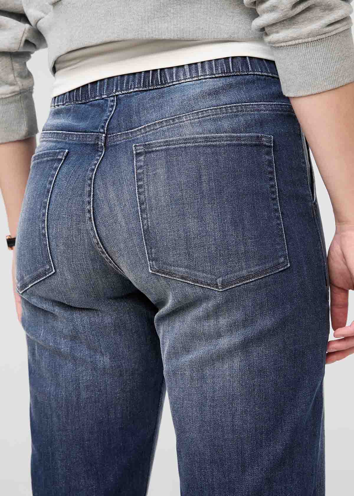 womens dark blue relaxed pull on denim pants back waistband detail