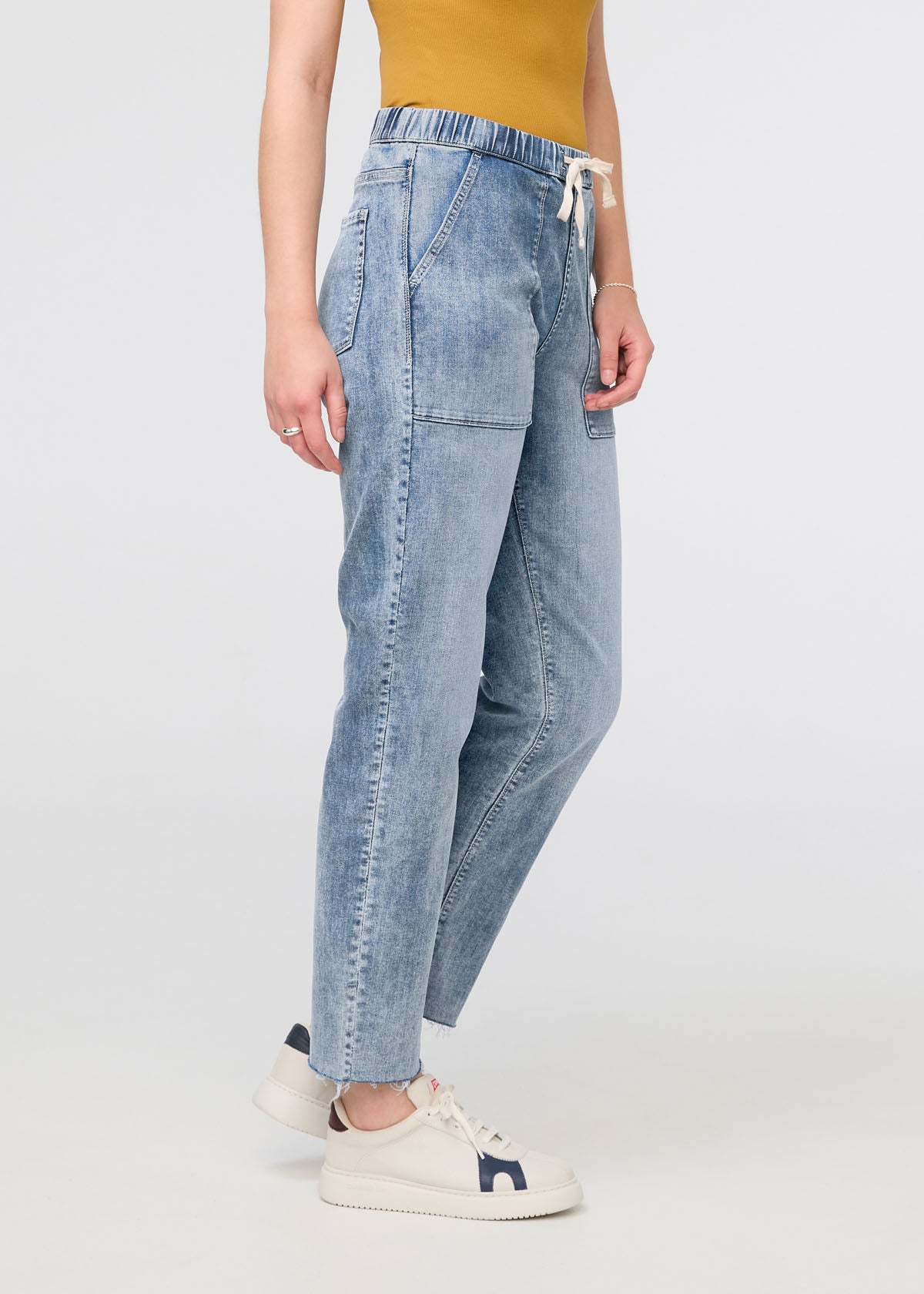womens faded blue relaxed pull on denim pants side