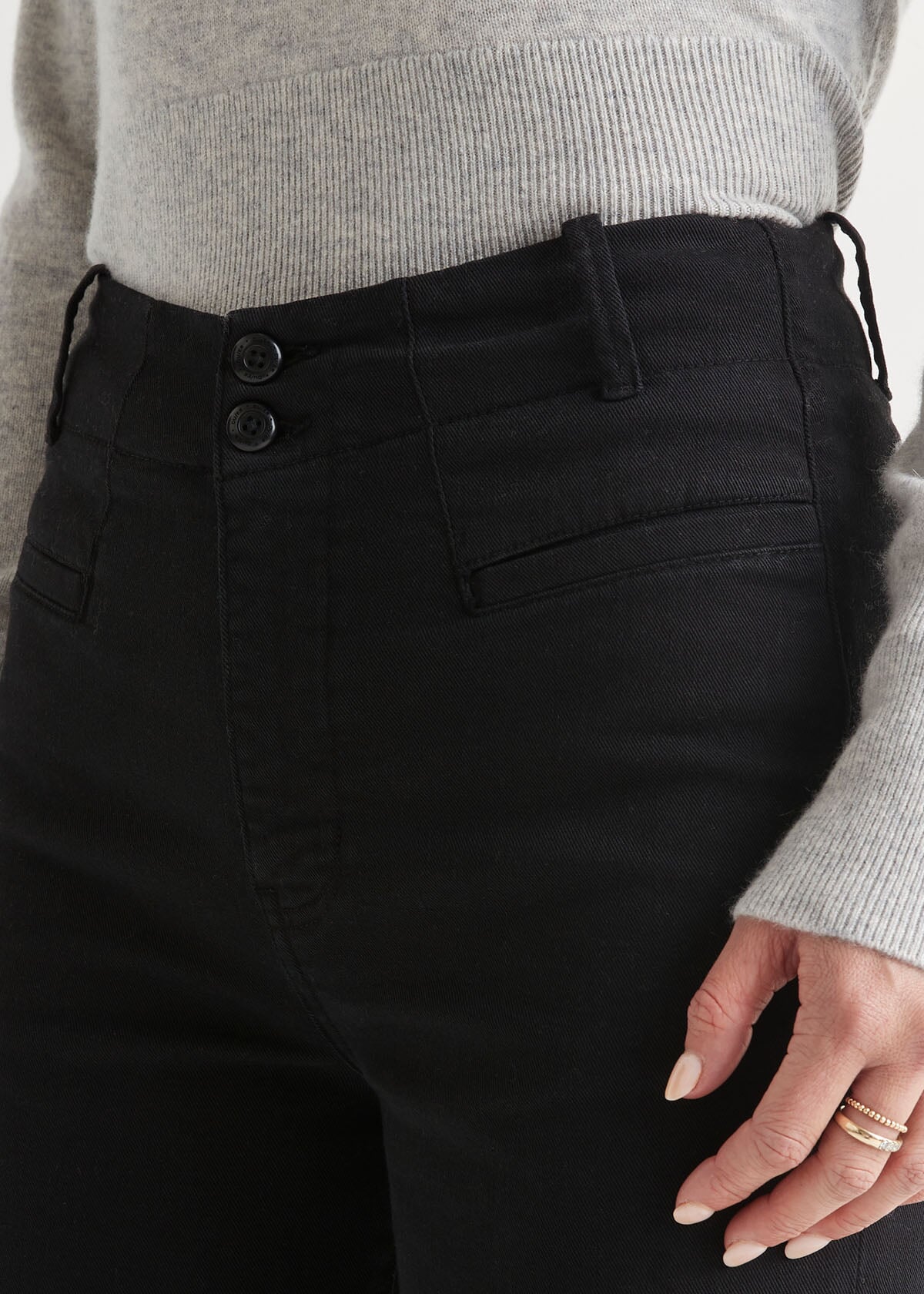 womens black high rise trouser front waistband detail