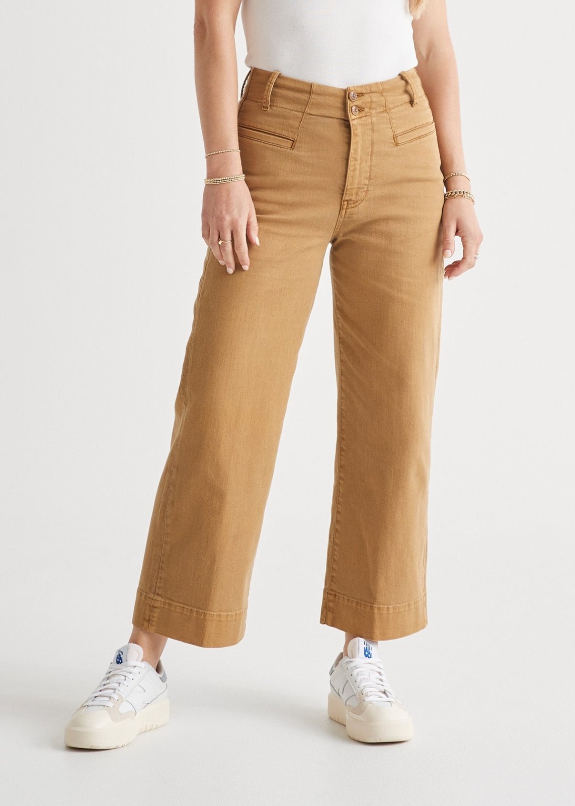 womens camel high rise twill trouser front