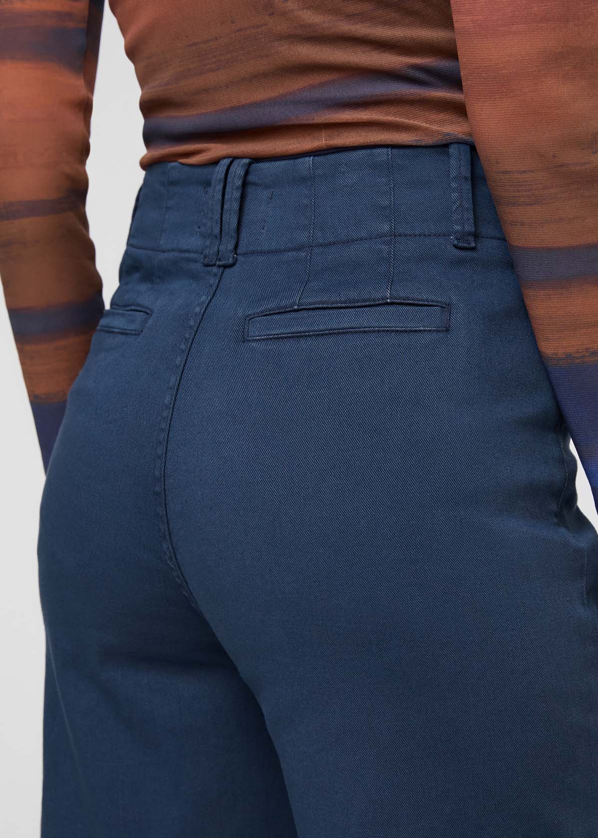 womens dark blue high rise trouser back pocket detail