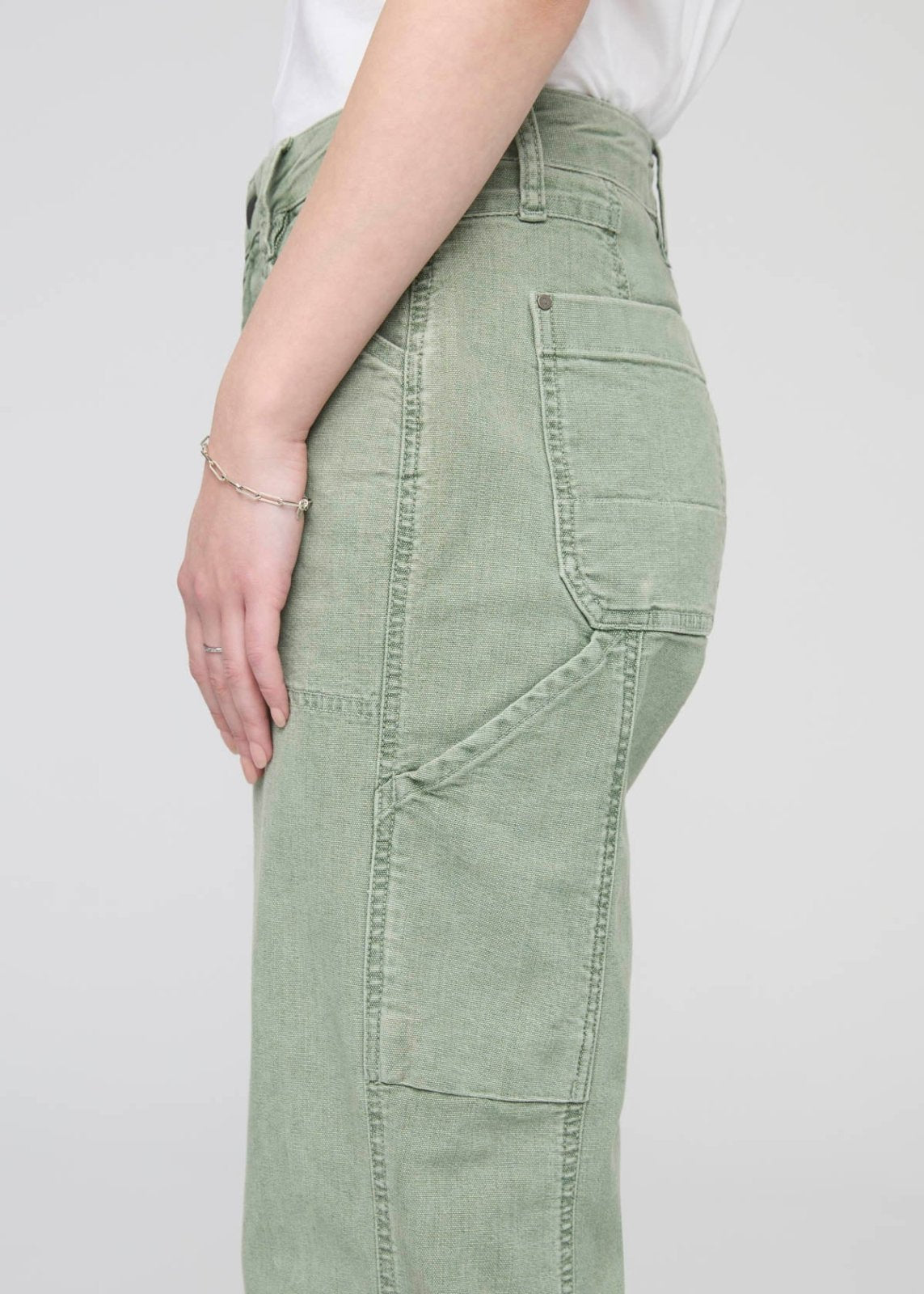 womens light pine stretch canvas utility pant side pocket detail