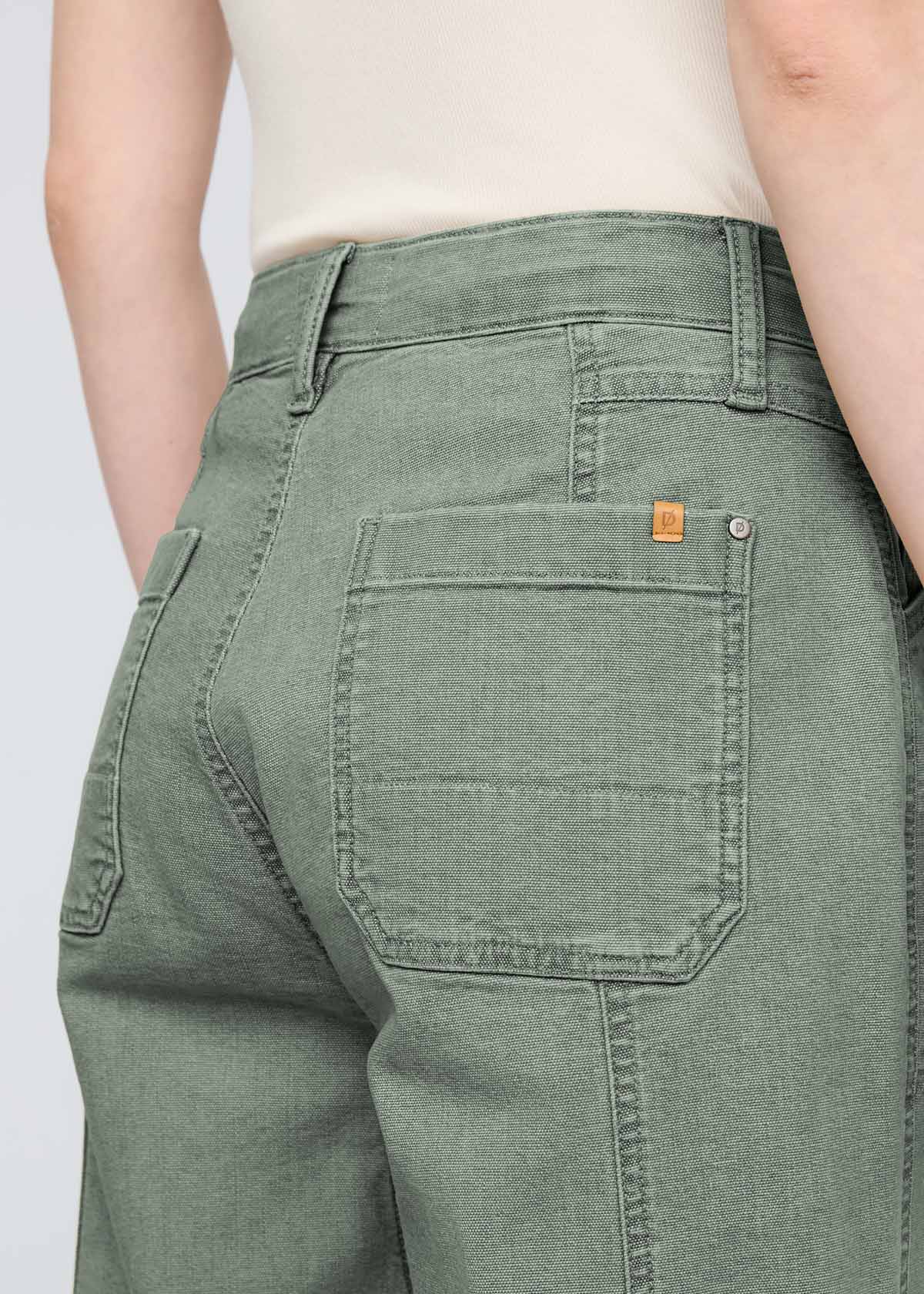 womens stretch canvas green utility pants back waistband and pockets