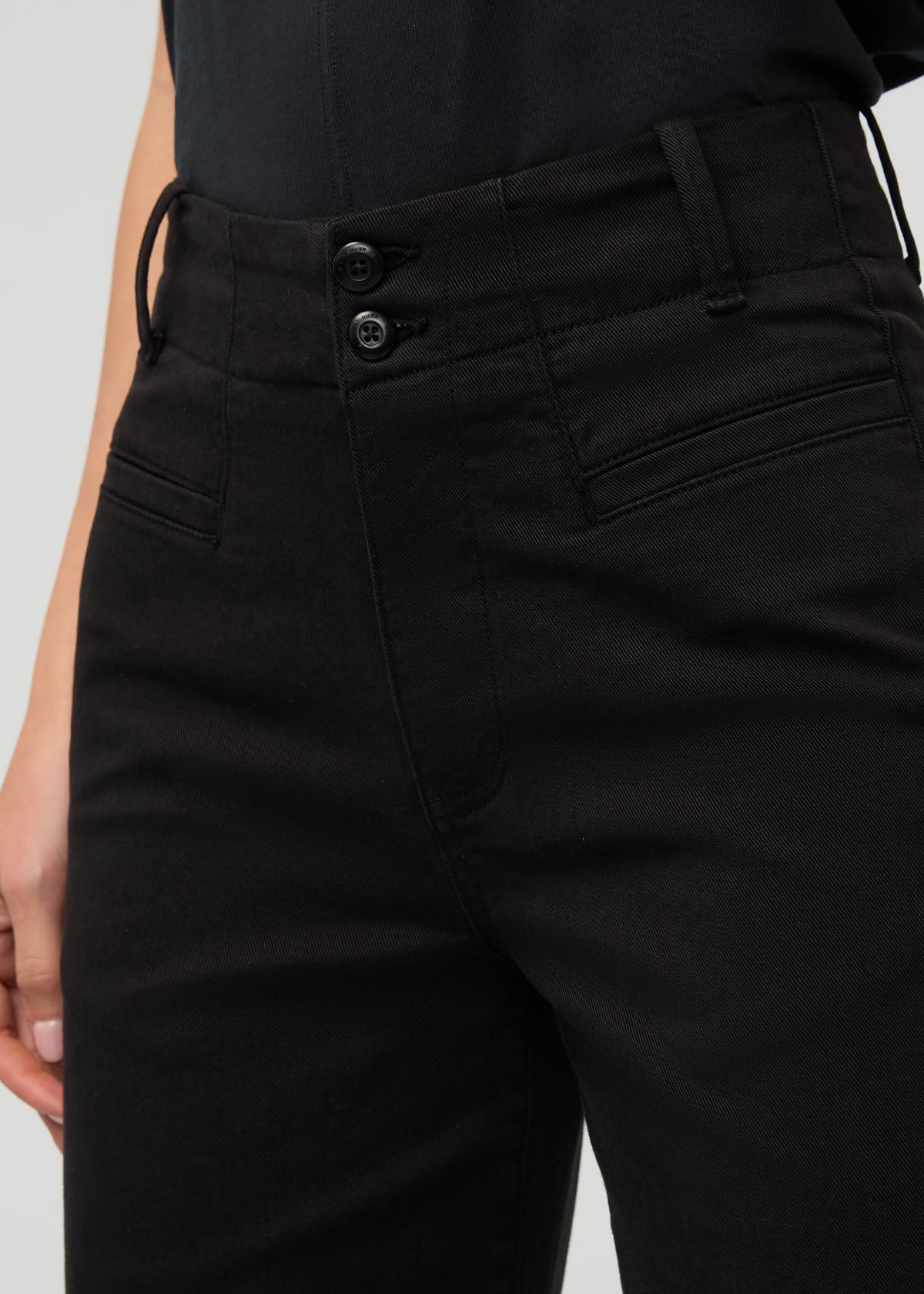 women's black flextwill high rise trouser front waistband detail