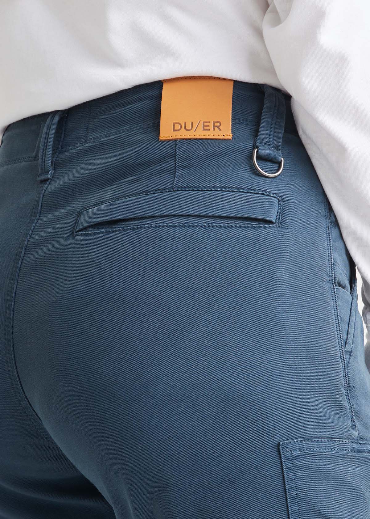 womens blue water-repellent cargo pant back patch, pocket and key ring