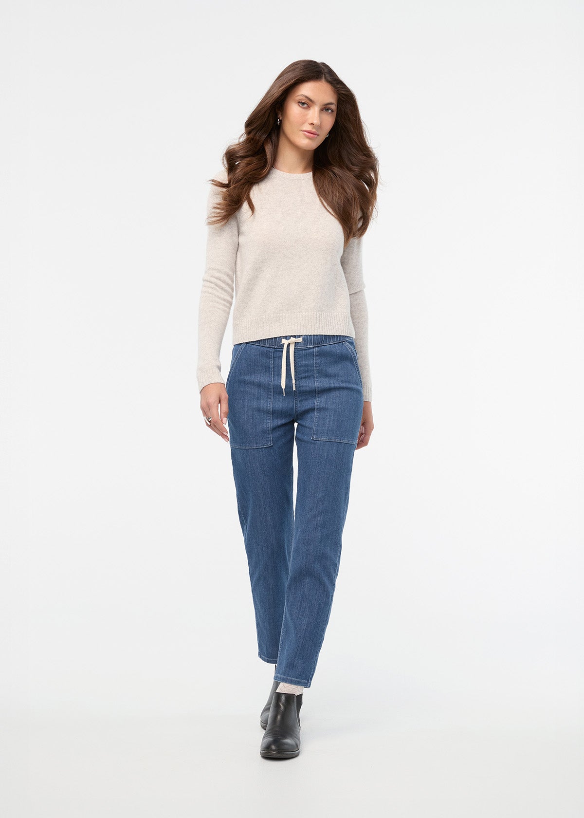 Women's Seaside Blue Relaxed Pull On Lightweight Denim Pants full body