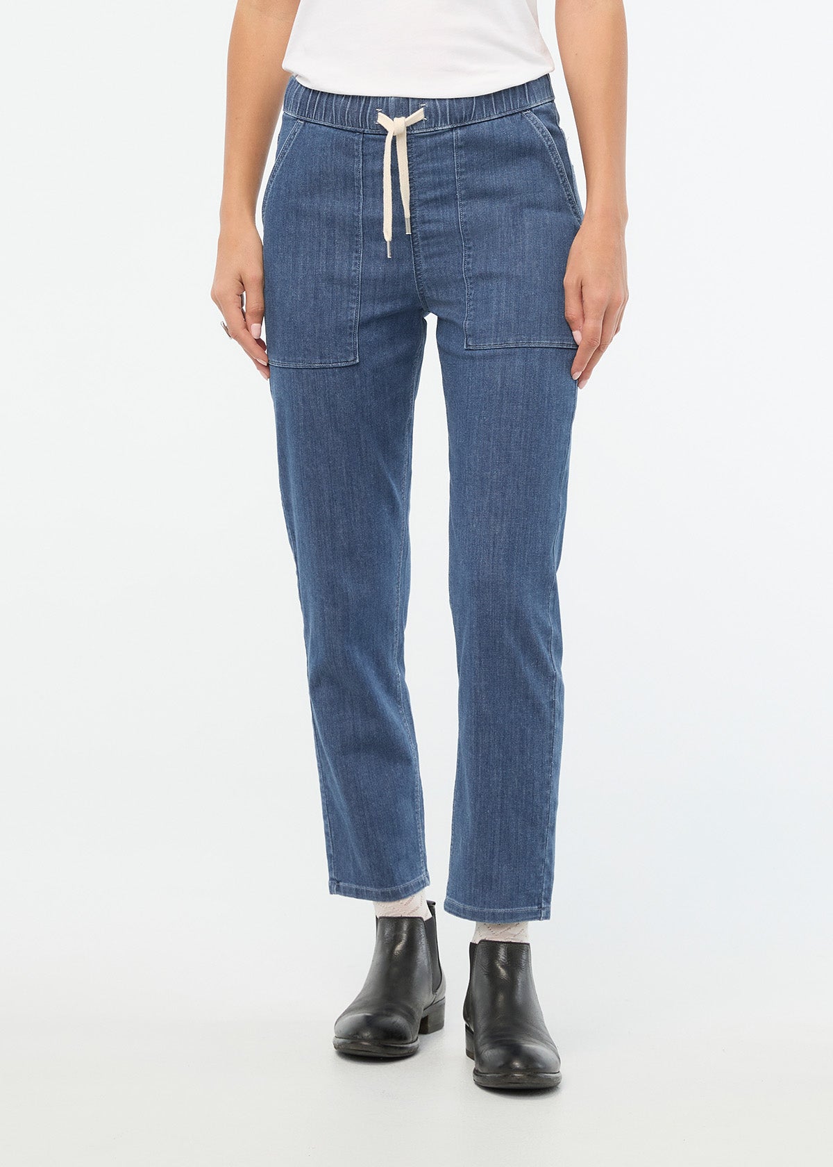 Women's Seaside Blue Relaxed Pull On Lightweight Denim Pants front