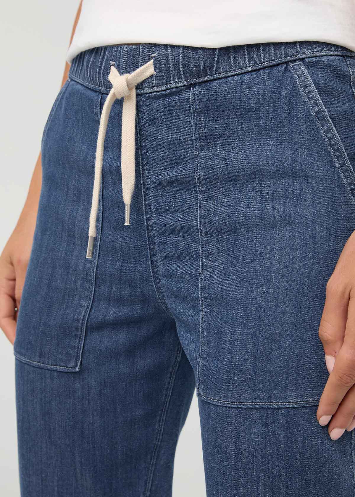 Women's Seaside Blue Relaxed Pull On Lightweight Denim Pants front waistband detail