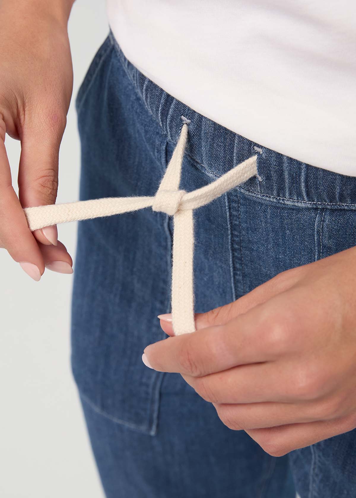 Women's Seaside Blue Relaxed Pull On Lightweight Denim Pants front drawstring