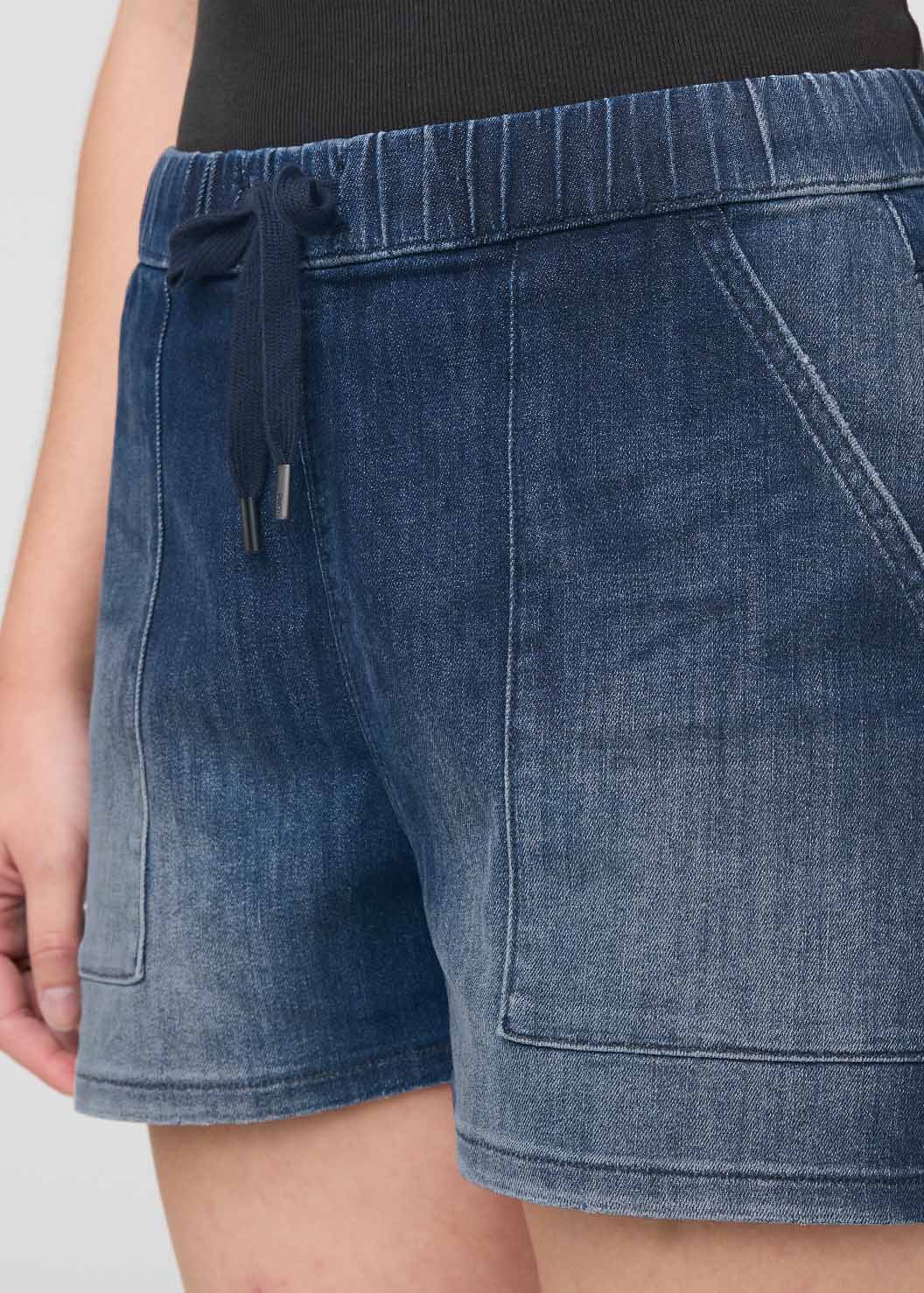 womens medium blue relaxed drawstring denim short front waistband and pockets