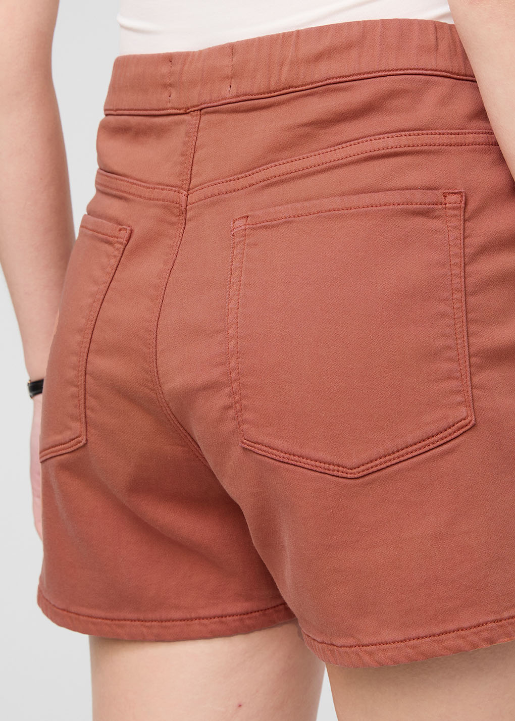 womens red pull on drawstring shorts back pocket detail