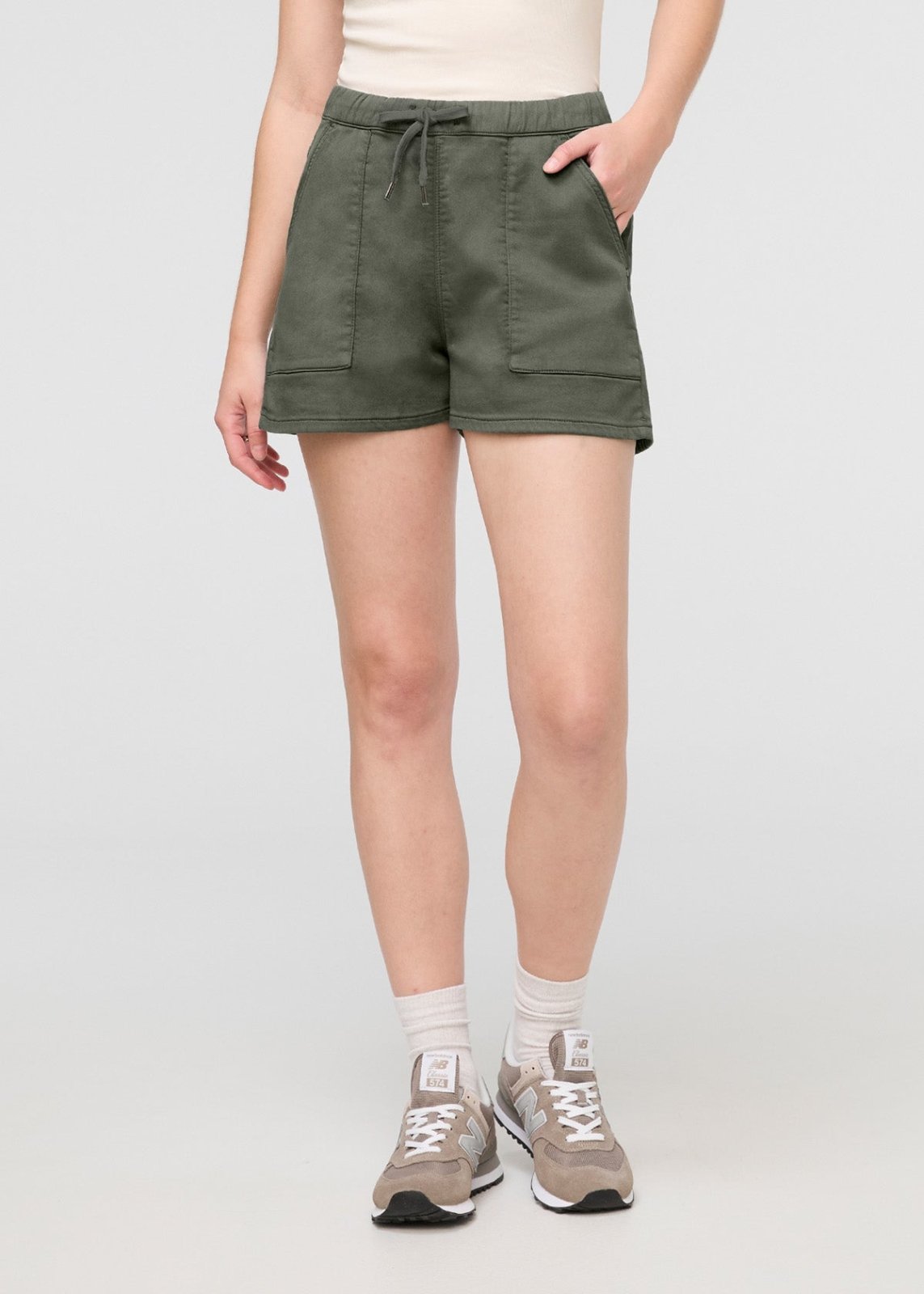 womens green pull on drawstring shorts front