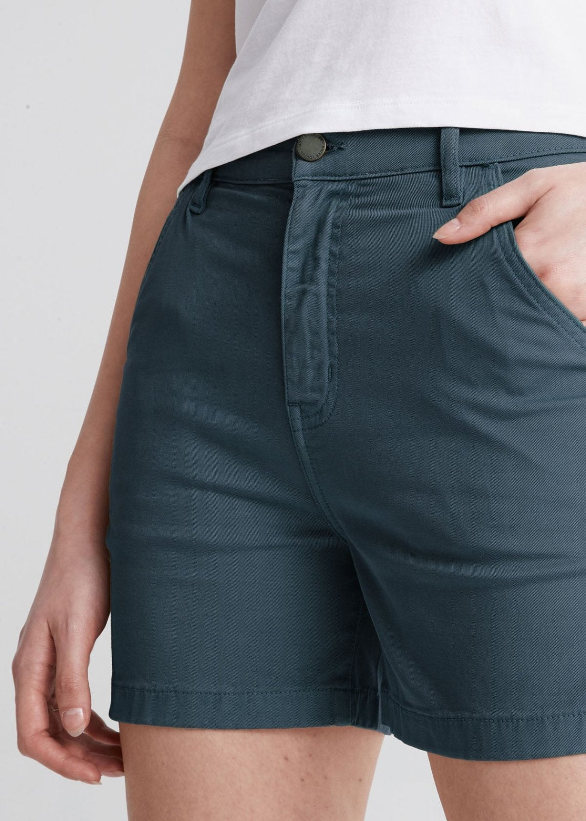 womens dark blue stretch utility short front waistband detail