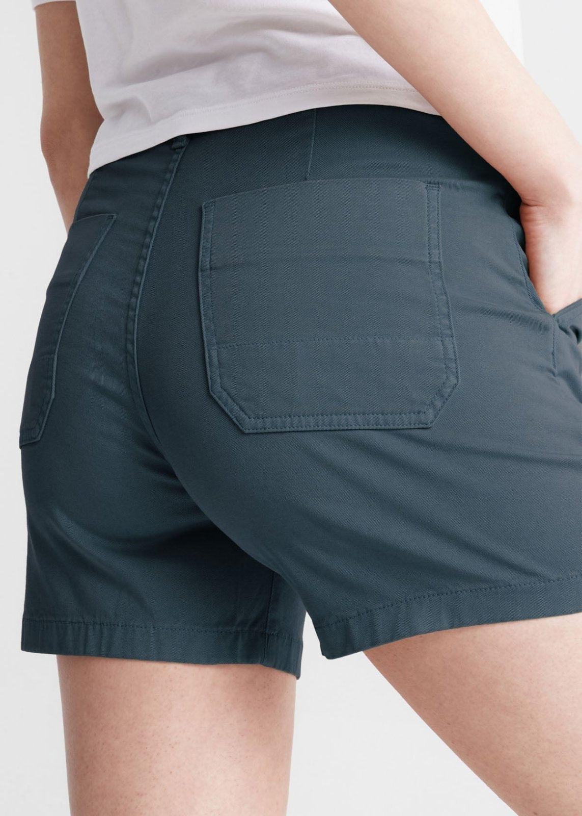 womens dark blue stretch utility short back pocket detail