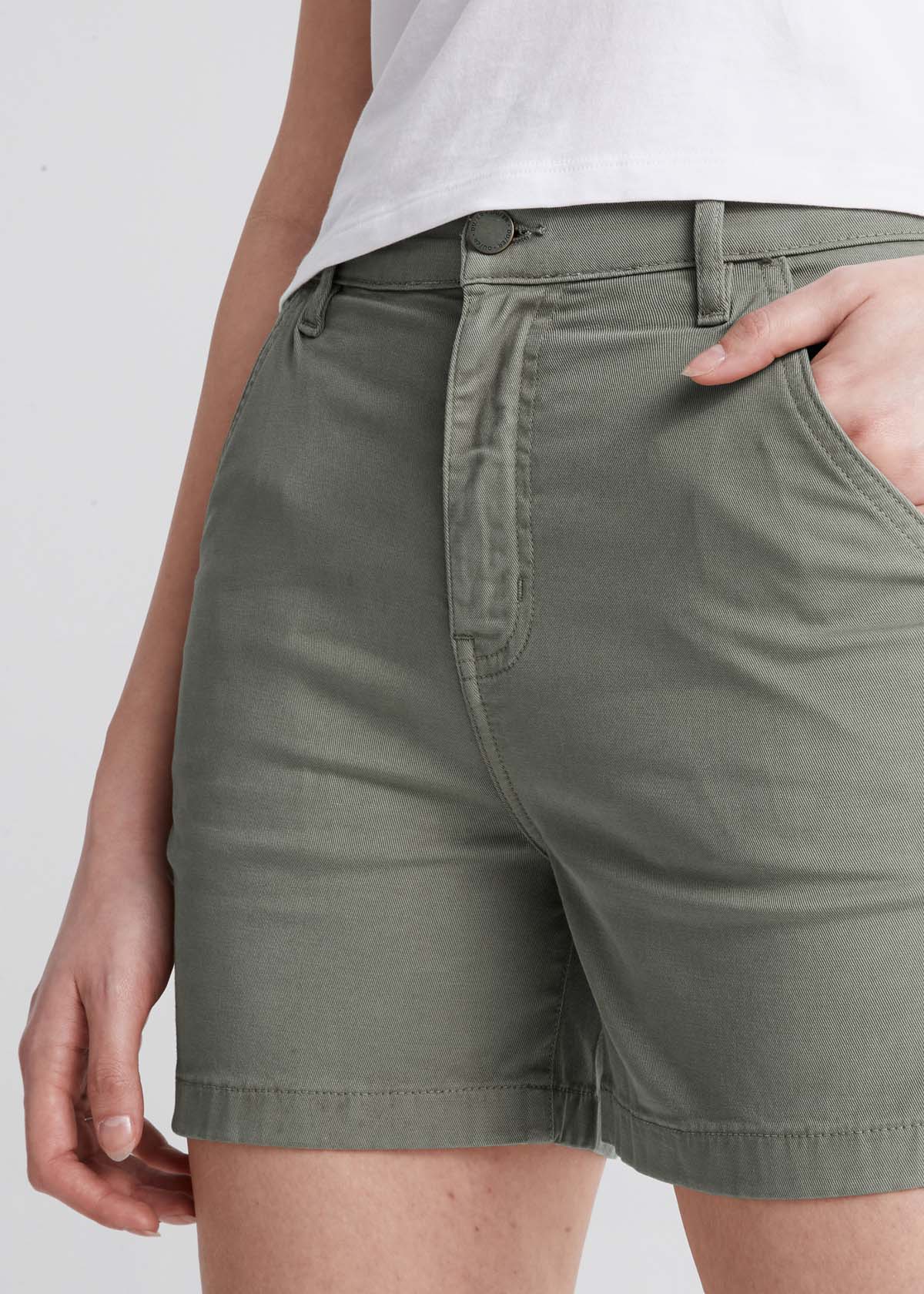 womens green stretch utility short front waistband detail