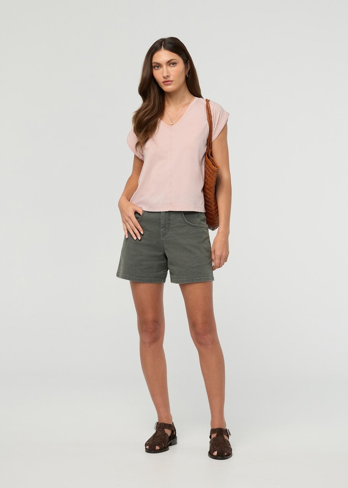 Women's Washed Soft Rose Pima Cotton Dolman V-Neck Full Body